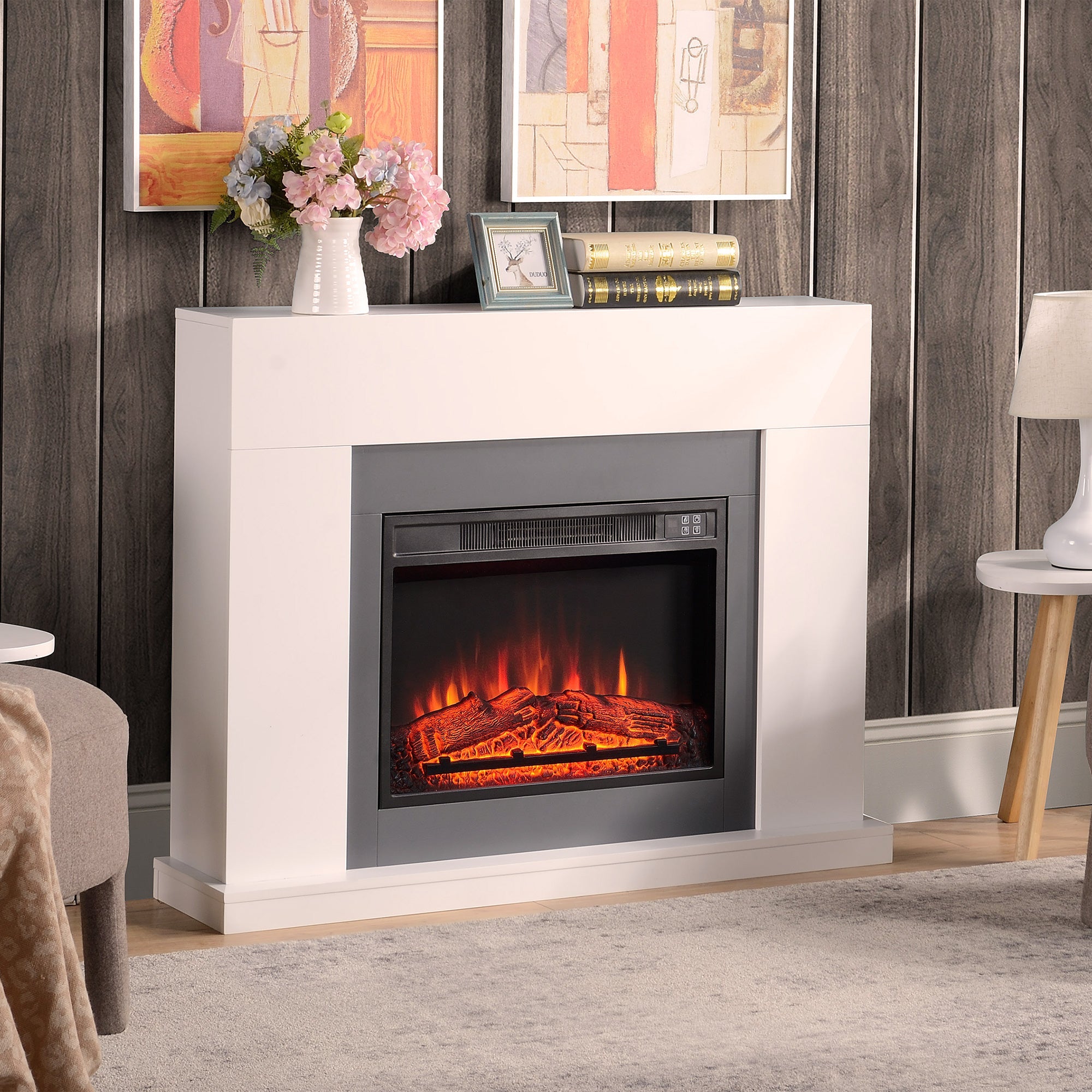 LED Electric Fireplace Freestanding 1800/2000W Flame Effect Wooden Frame - White MDF