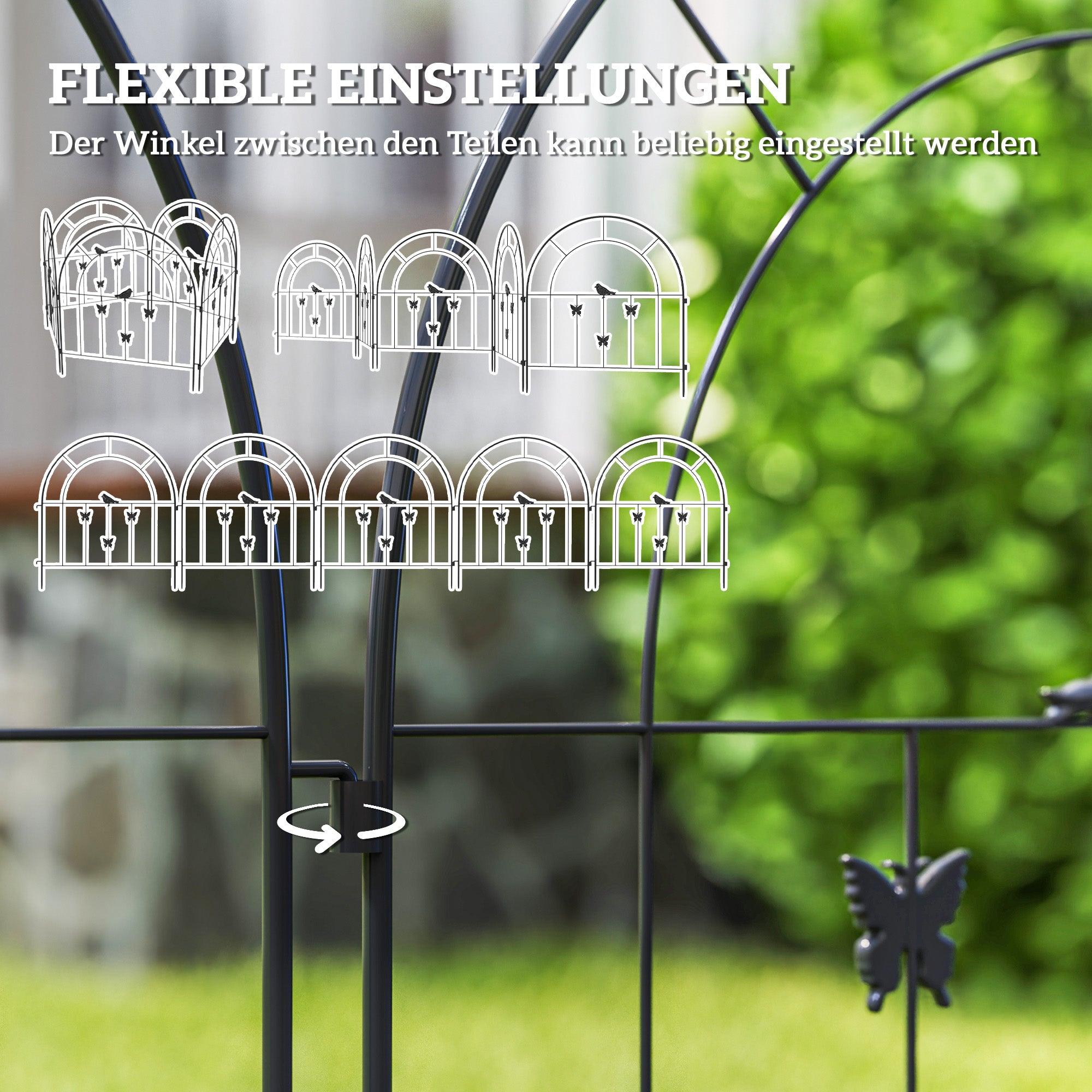 Garden Fence Set, Decorative Mesh 300x70cm Arched Top Barrier, Steel Black