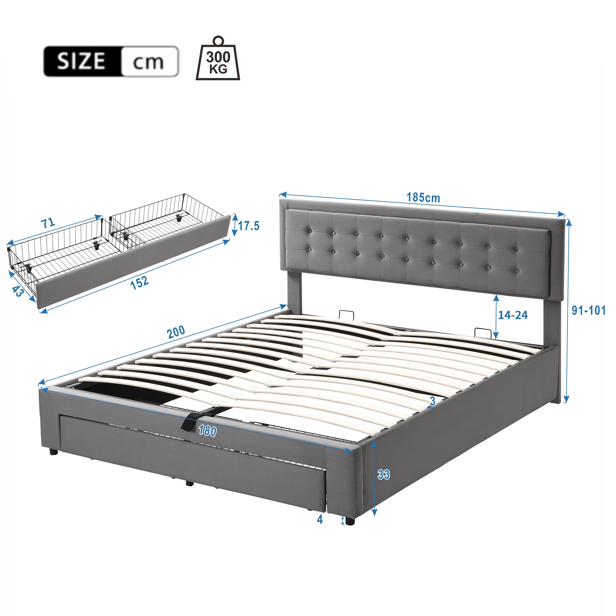 Upholstered Bed, Super King Size (180x200cm), with Large Storage & Slatted Headboard, Grey Velvet