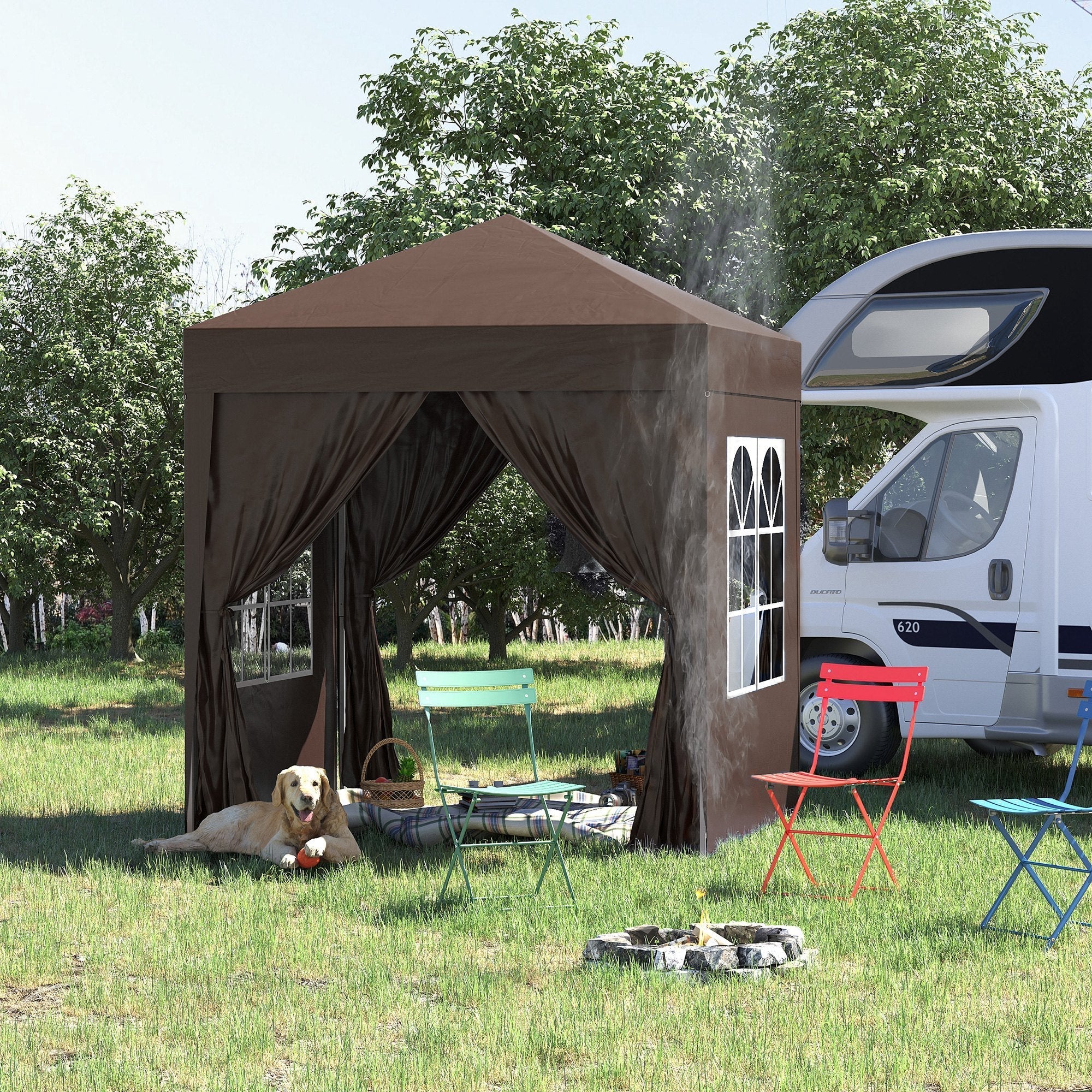 Folding Pavilion 2x2m UV Protection Side Panels Windows Oxford Fabric Brown