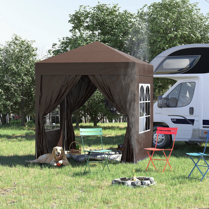 Folding Pavilion 2x2m UV Protection Side Panels Windows Oxford Fabric Brown