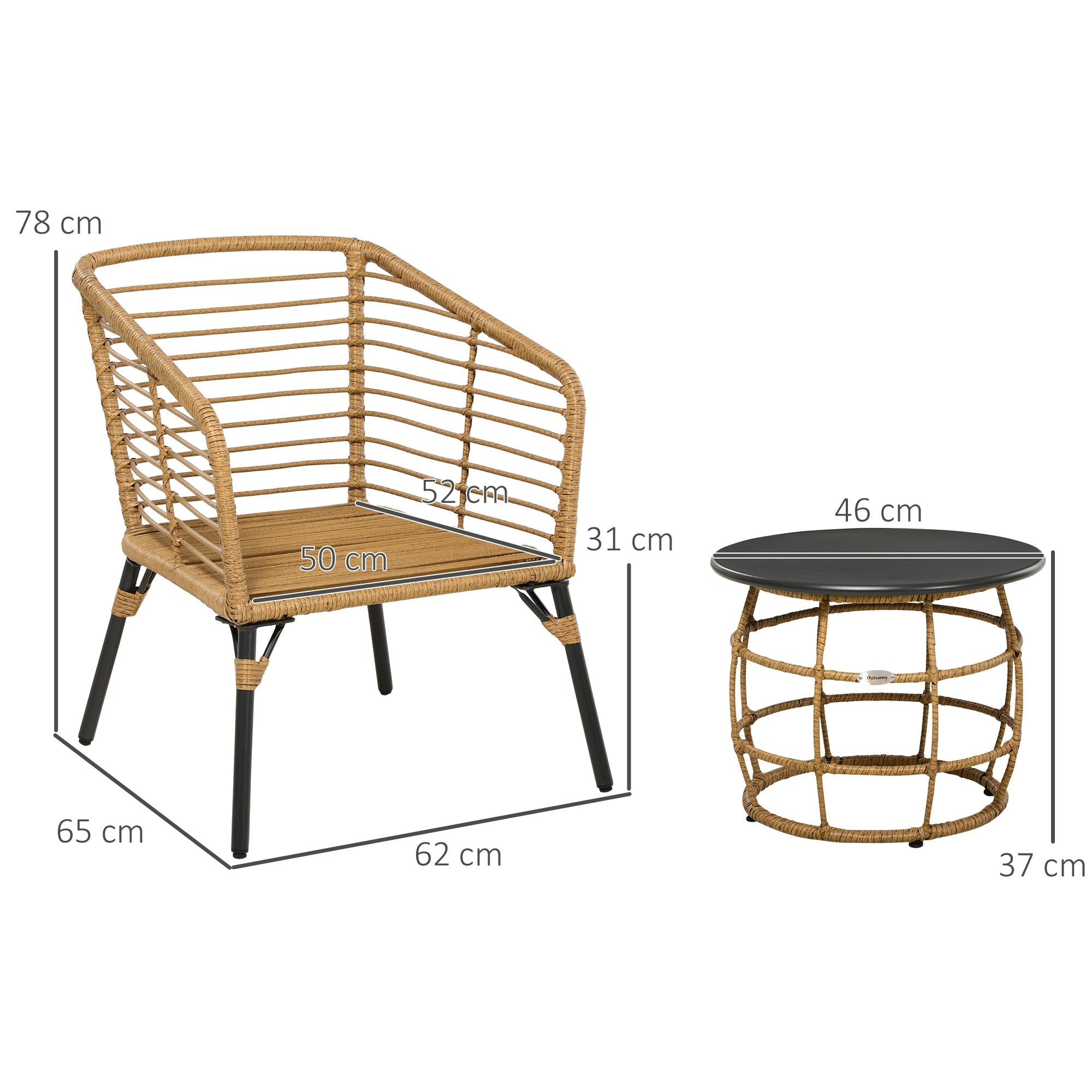 Rattan Garden Furniture Set, 3-Piece Bistro with Table & 2 Chairs, Sand/Dark Grey