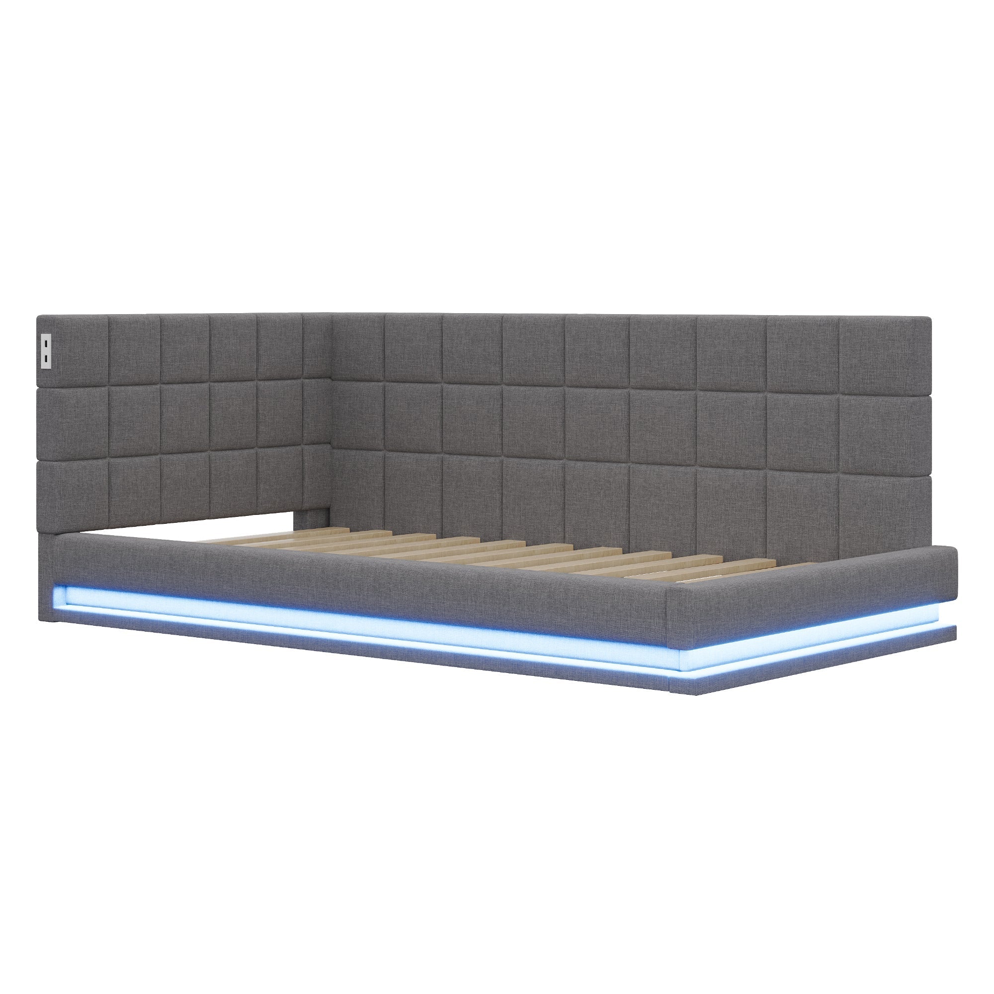 Upholstered Bed Sofa, 90x200 Multifunctional with LED & USB, Linen Fabric Grey