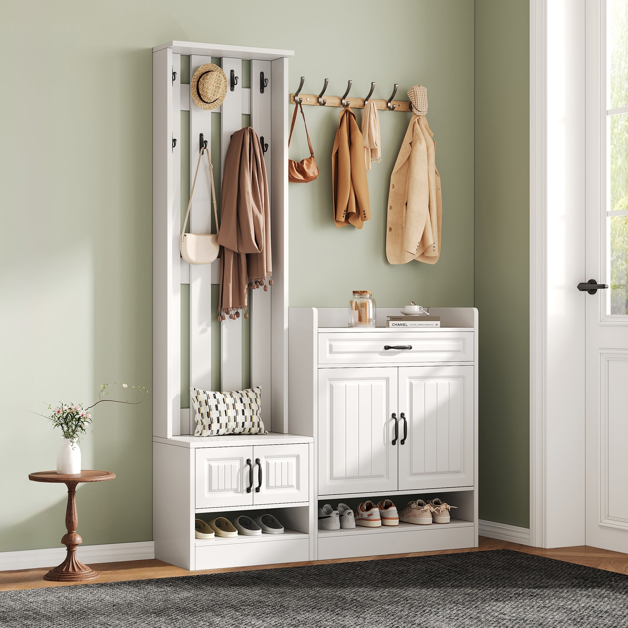 Wardrobe Set with Shoe Bench & Rack, 8 Hooks, 4 Doors, 1 Drawer - White