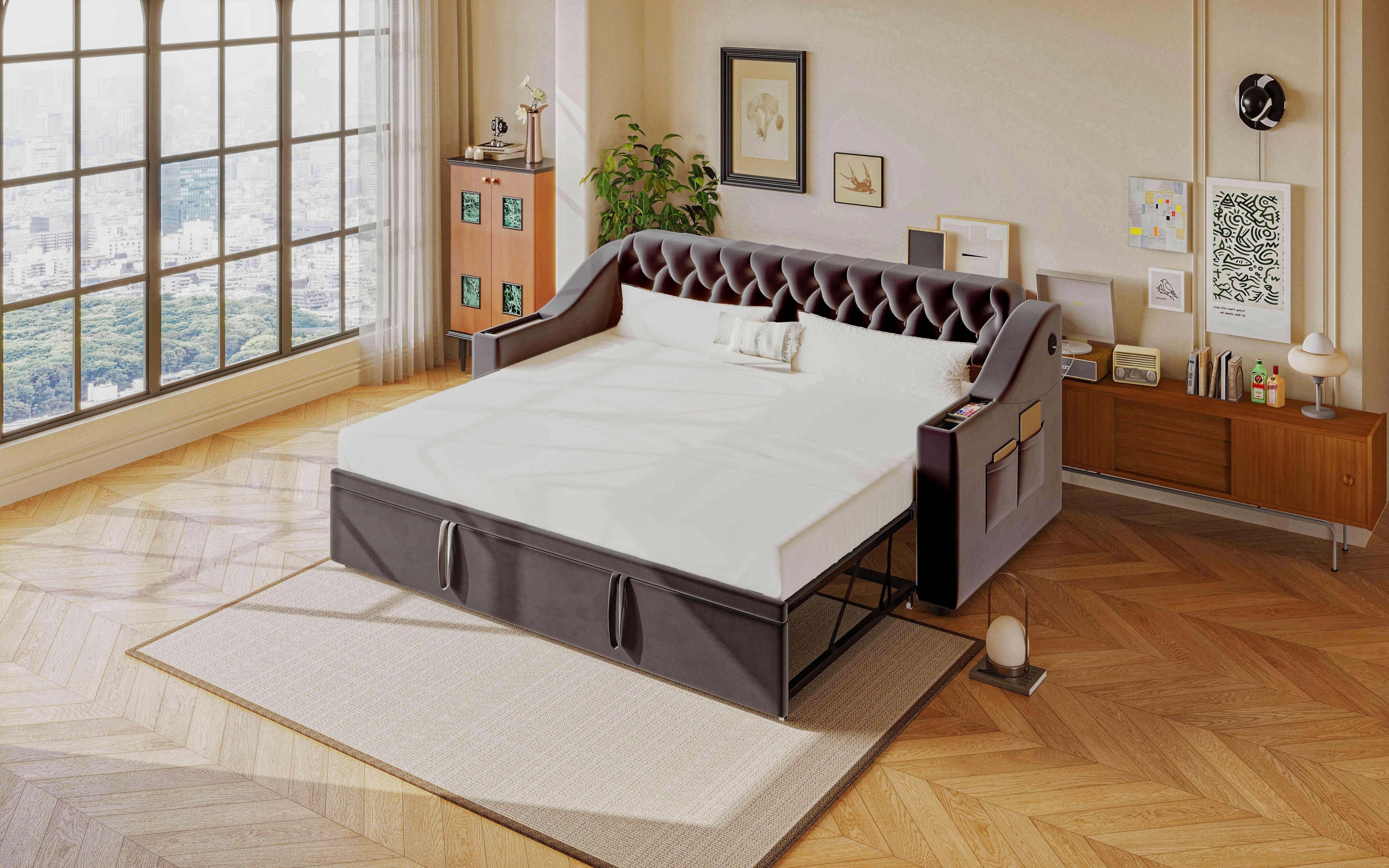 Upholstered Sofa Bed, Extendable 90/180x190cm USB Storage Slatted Base, Dark Grey Velvet