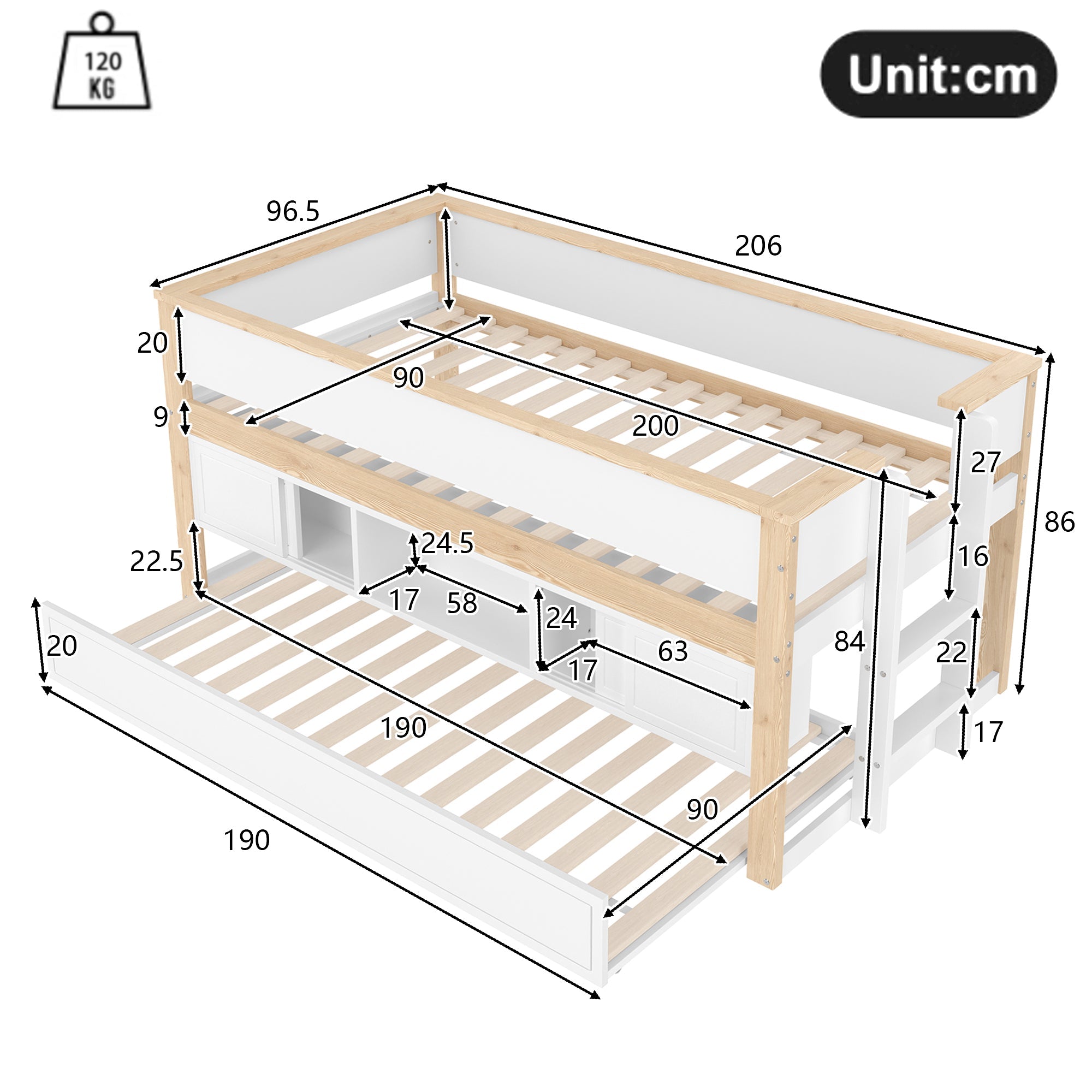 Mid-height Bed with Pull-Out Bed Storage 90x200cm, White + Natural
