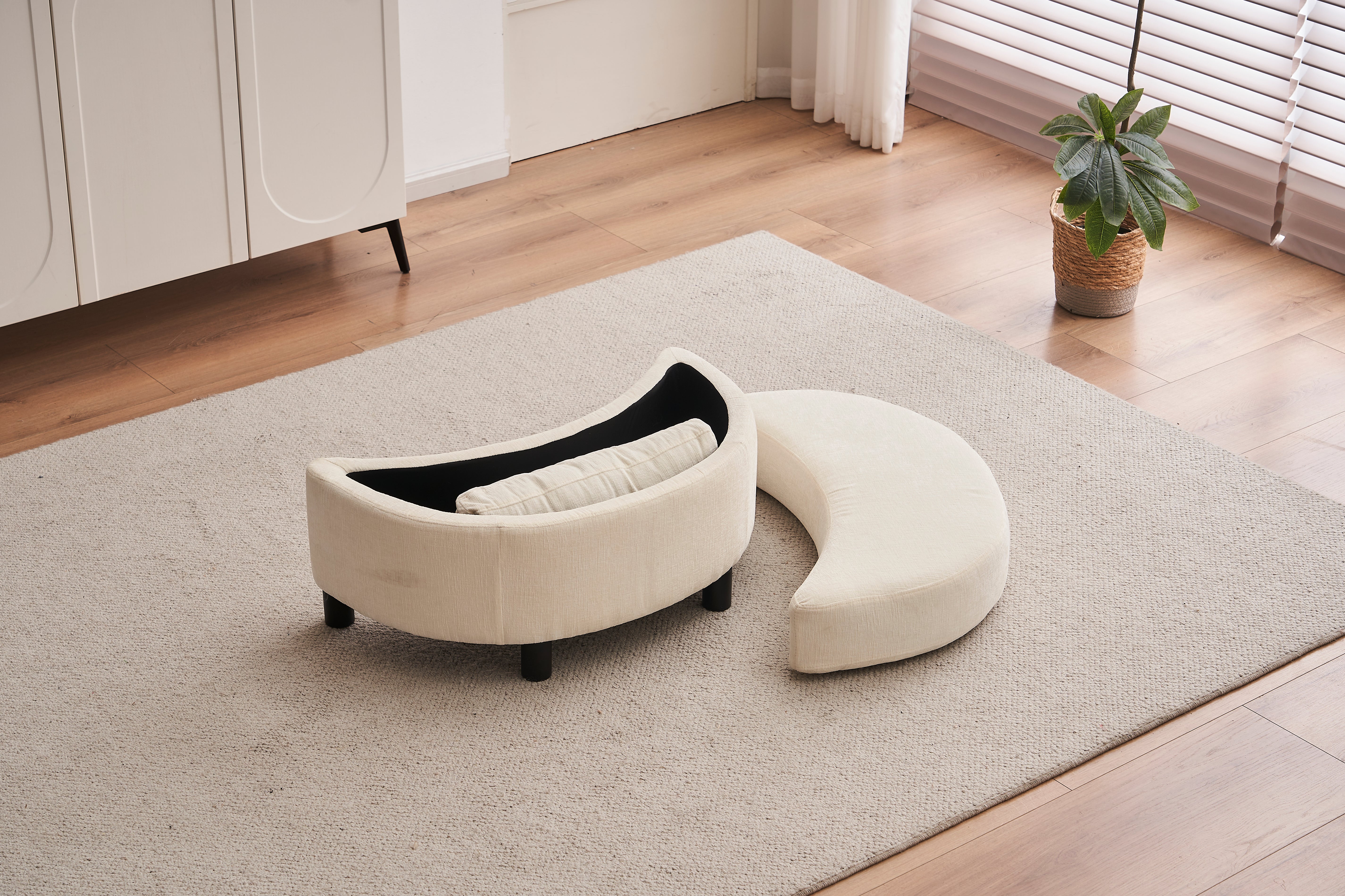 Chenille Swivel Armchair with 3 Back Cushion Pillow and Ottoman Crescent Stool, Ivory