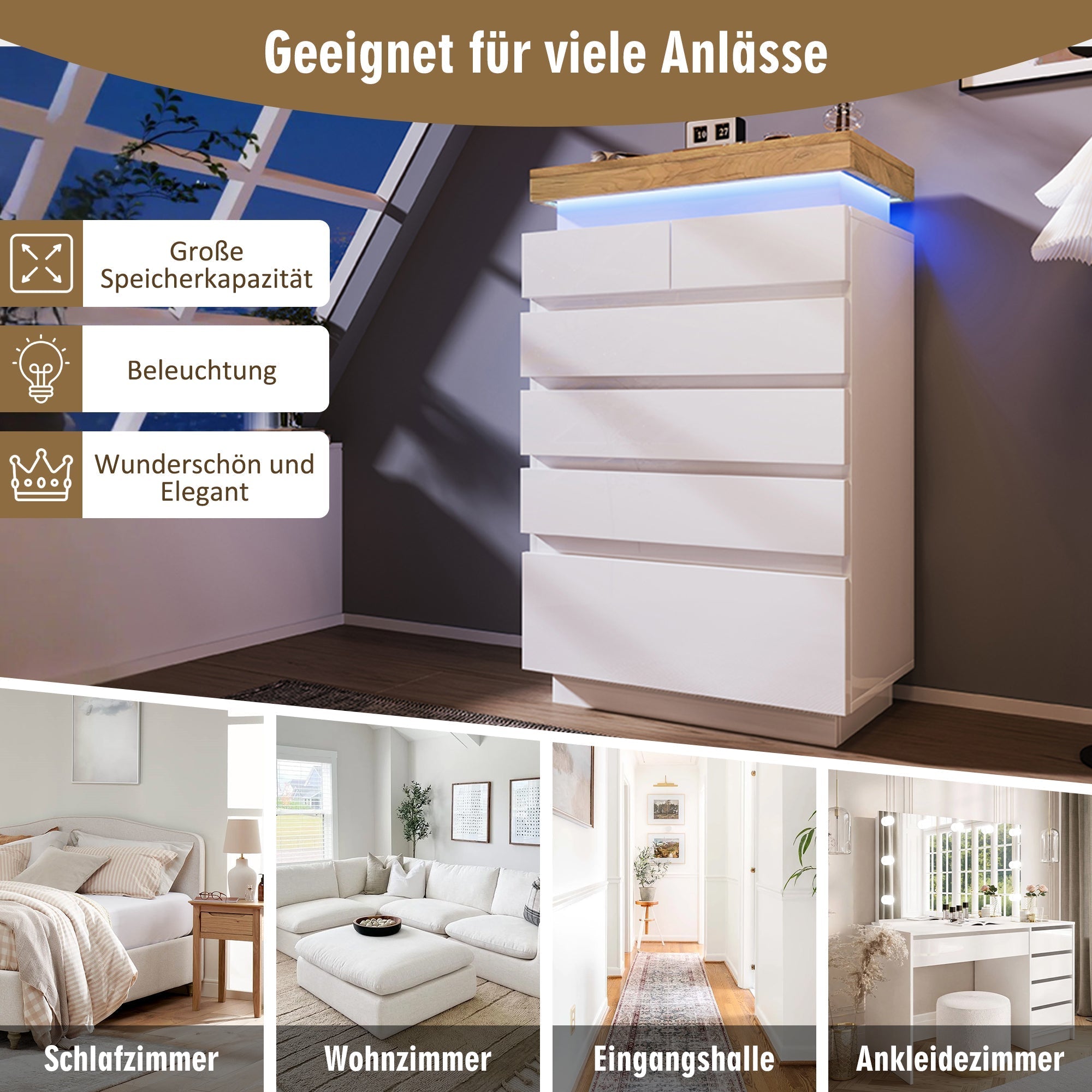 Chest of Drawers, 6-Drawer LED High-Gloss Sideboard, White