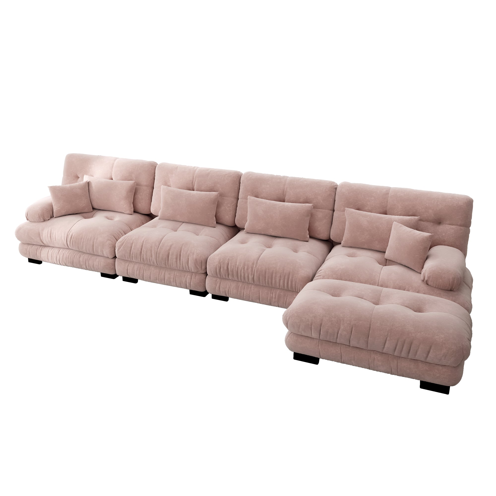 Modular Corner Sofa, L-shaped 4-Seater with Movable Ottoman, Chenille Pink