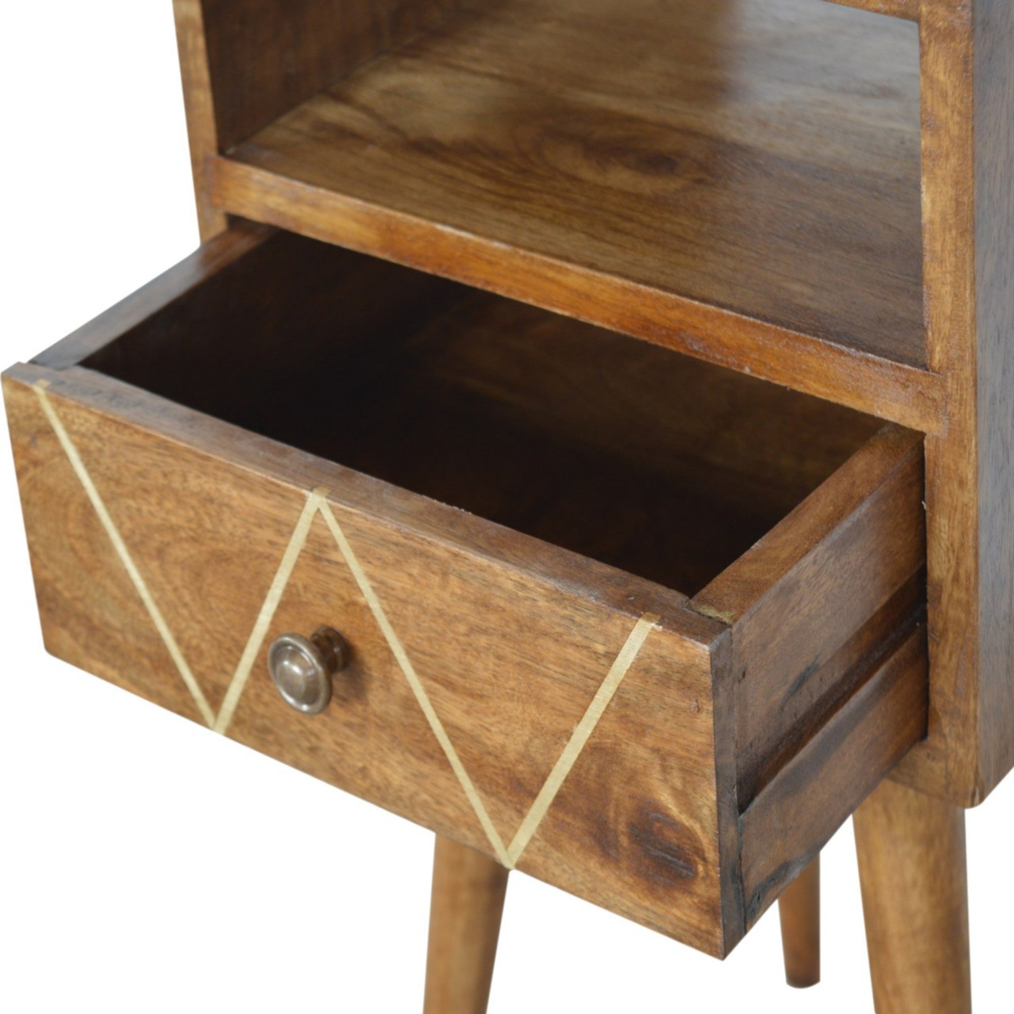 Solid Wood Mini Geo Bedside, 1 Drawer and Open Shelf, Dark Brown