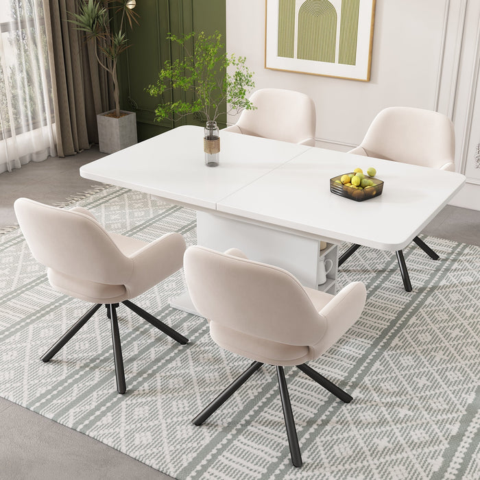 Dining Room Set with Extendable Storage Table and 4 Velvet Chairs, White