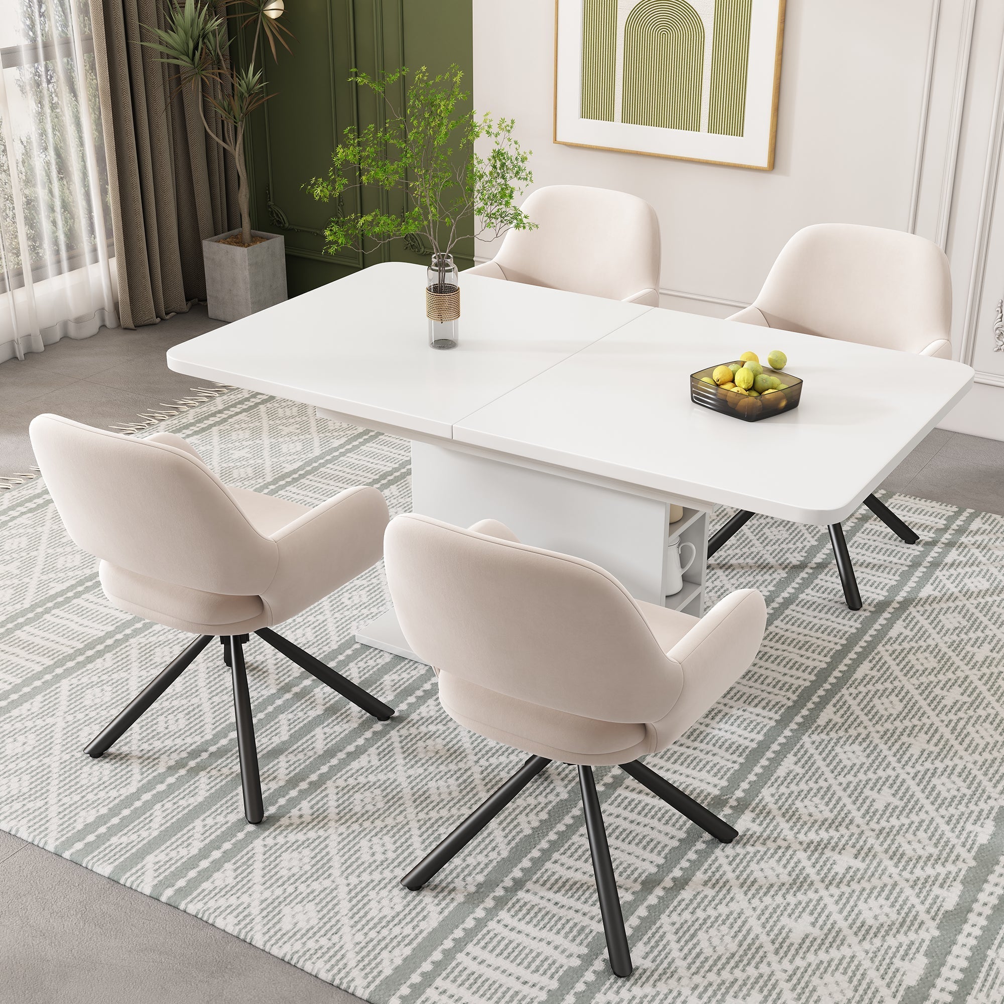 Dining Room Set with Extendable Table, 6 Velvet Chairs and Storage, White