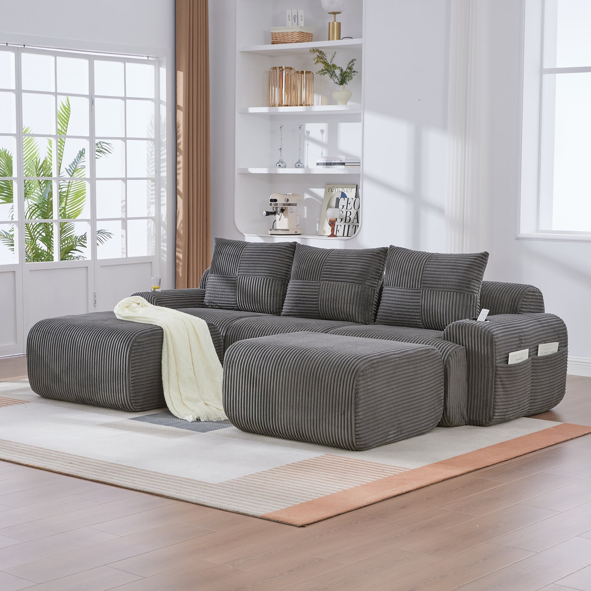 Modular Corduroy Sofa - 3-Seater with 2 Ottomans, Cup Holders, Storage Pocket - Dark Grey