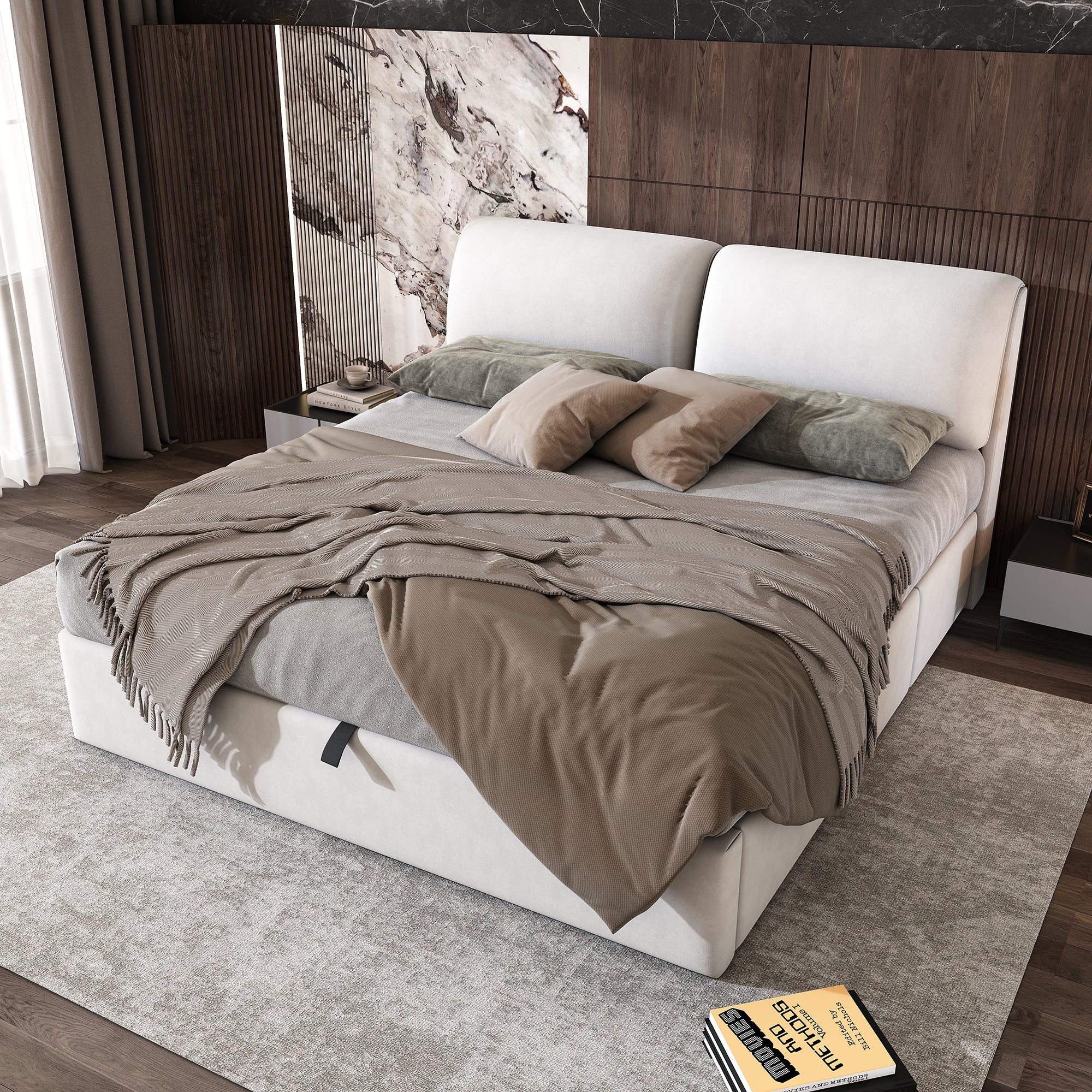 Upholstered Bed with Hydraulic Storage and 3 Drawers, 180x200cm, Beige Velvet