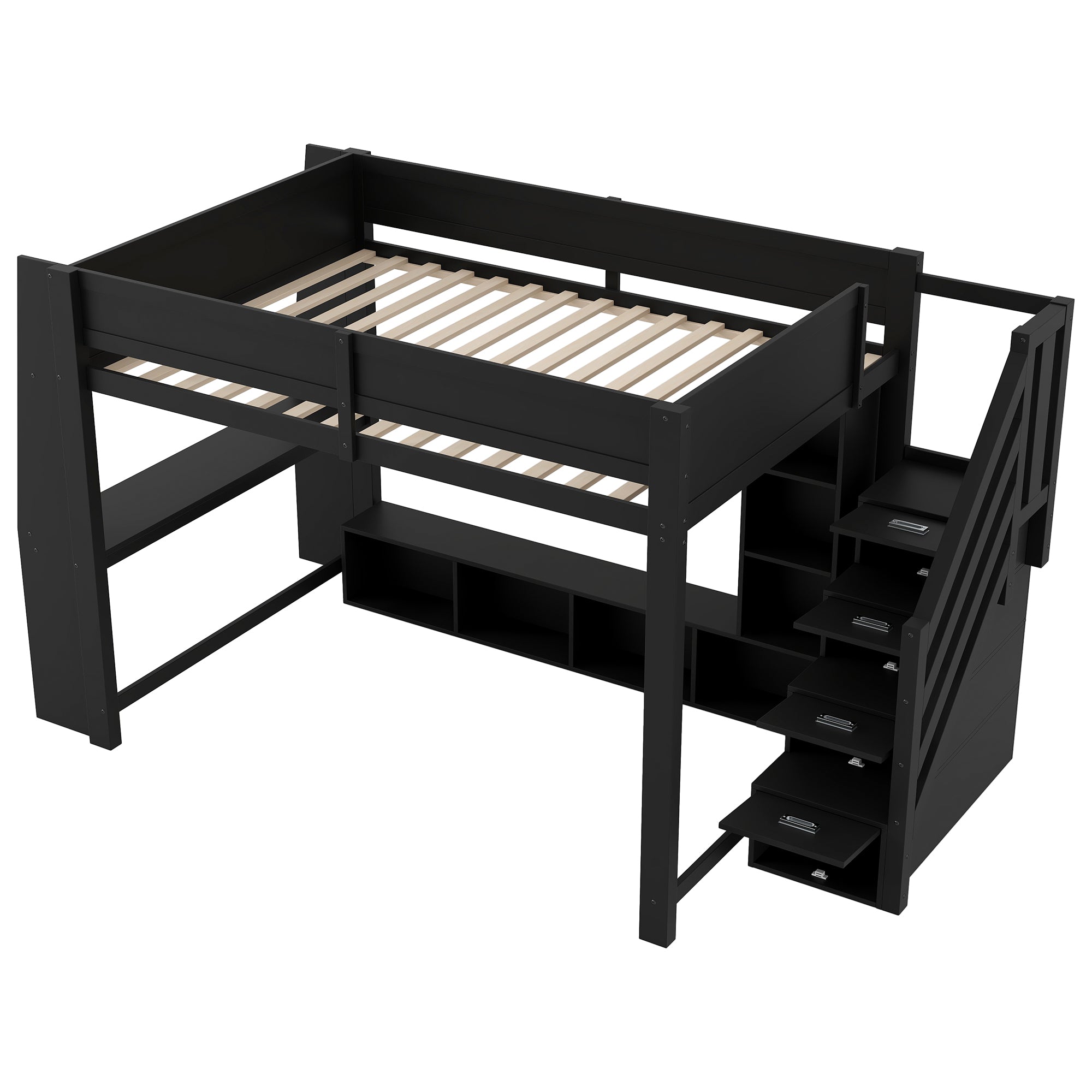 Loft Bed 140x200 with Desk, Storage, LED Lighting, Stairs - Wooden/Black