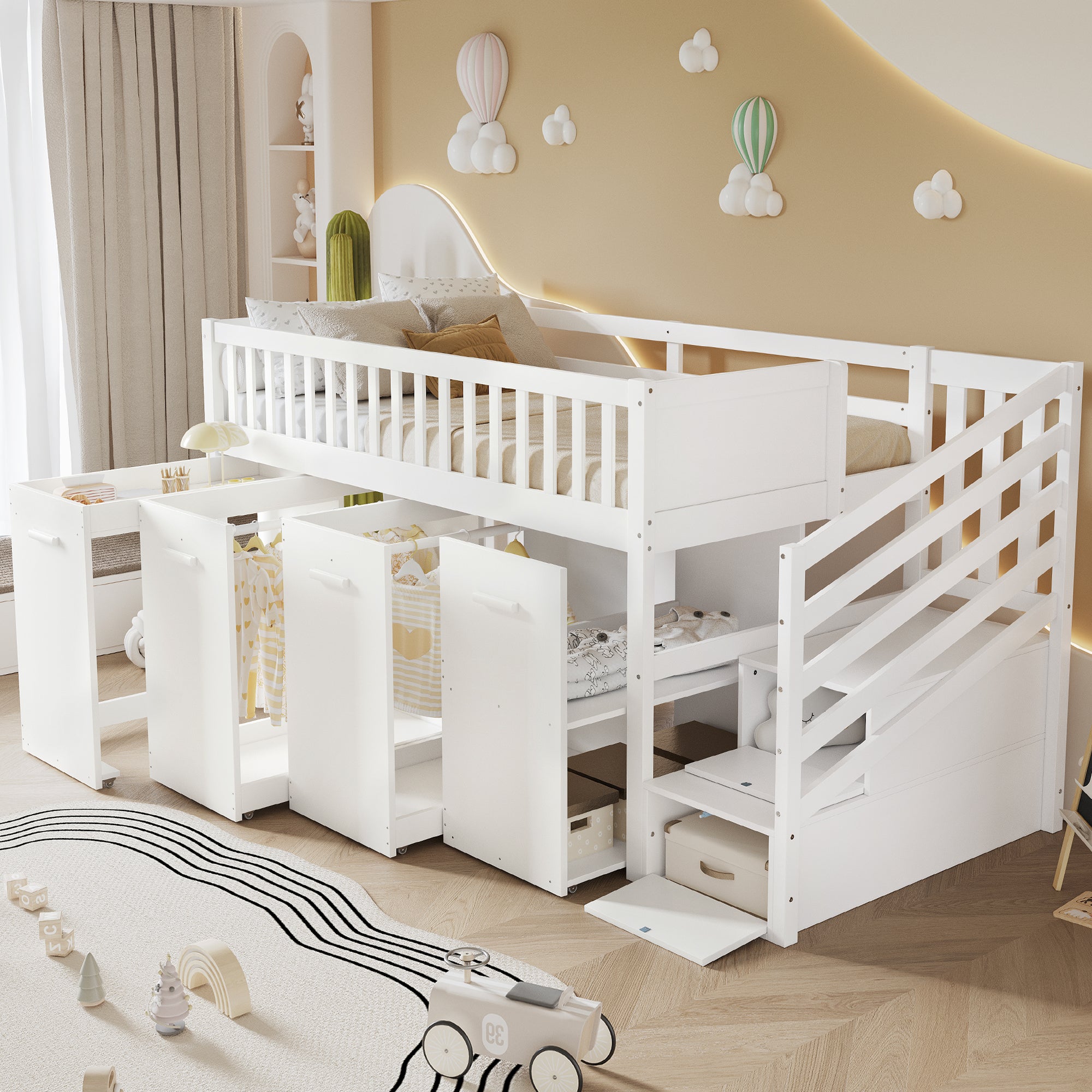 Bunk Bed, Multifunctional Children's with Desk, Wardrobe, Lockers, Pine + MDF White