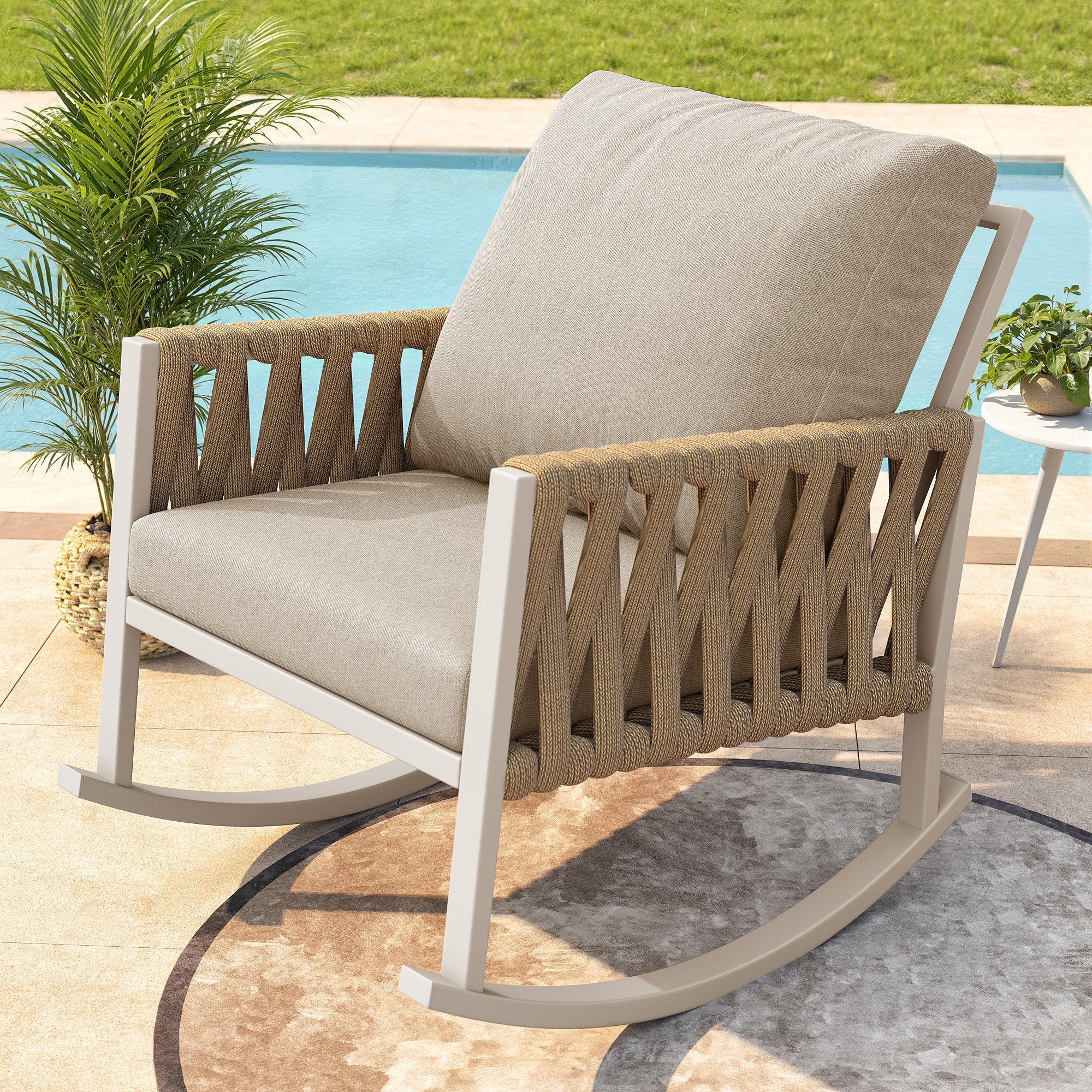 Outdoor Rocking Chair with Cross-Rope Weaving and Cushions, Weatherproof Metal Frame