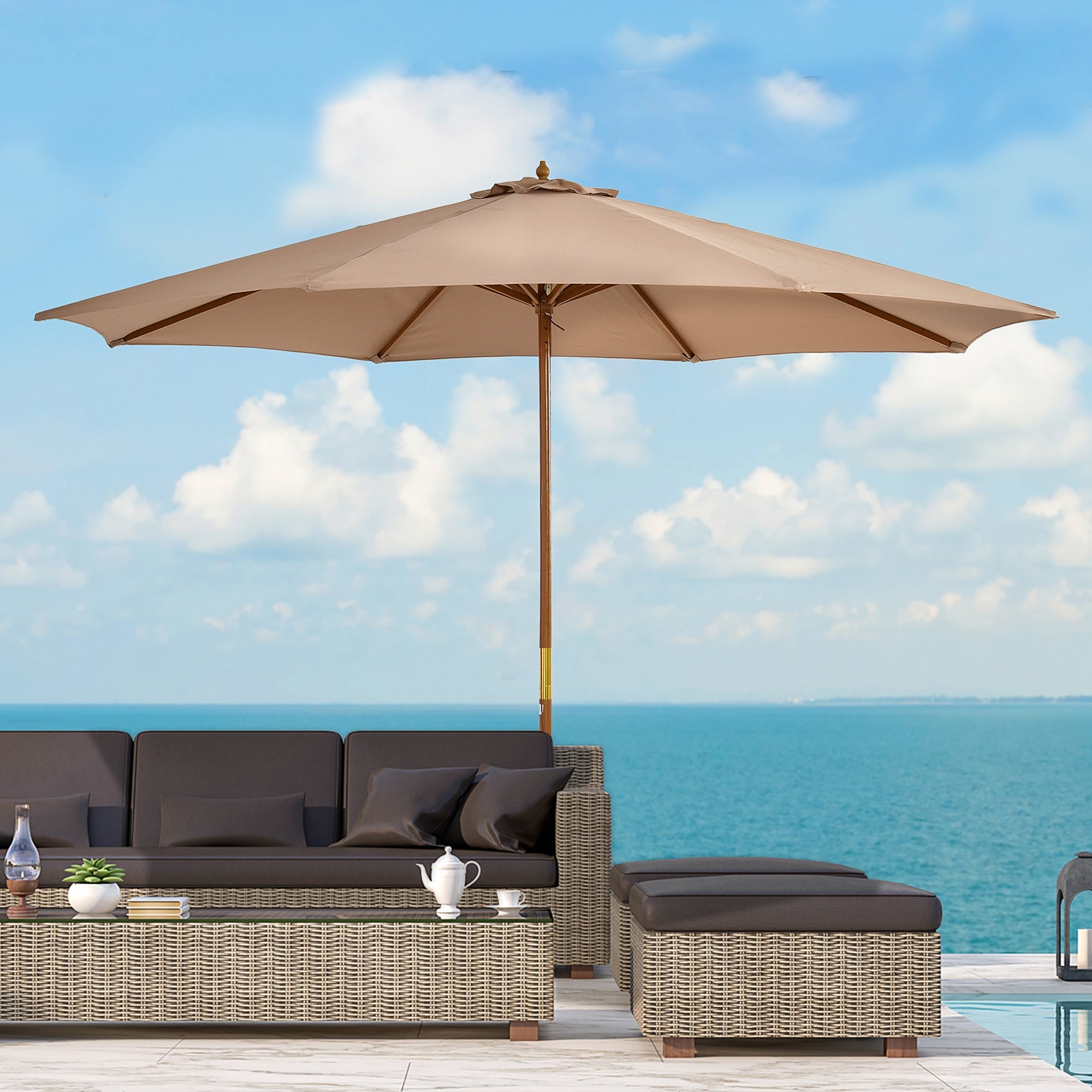 Wooden Parasol 300cm Garden Balcony Bamboo, Khaki