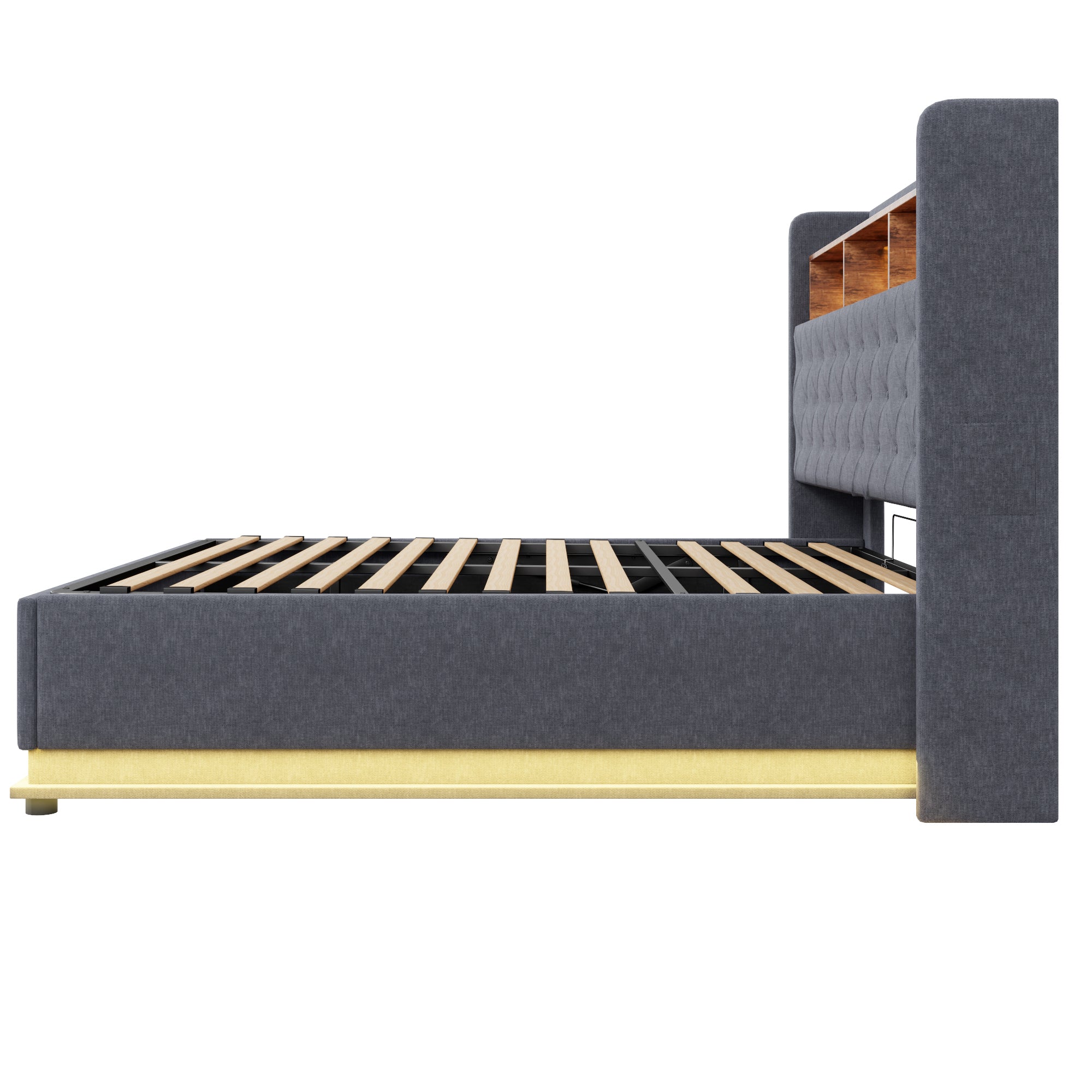 LED Upholstered Bed, 160x200cm, USB Charging, Hydraulic Storage, Linen Fabric, Grey