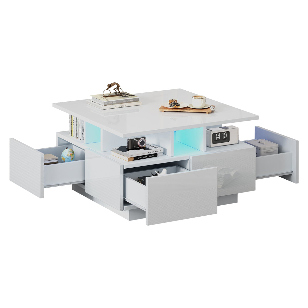 Coffee Table 70x70x40cm High-Gloss LED Light 4 Drawers Geometric Design, White