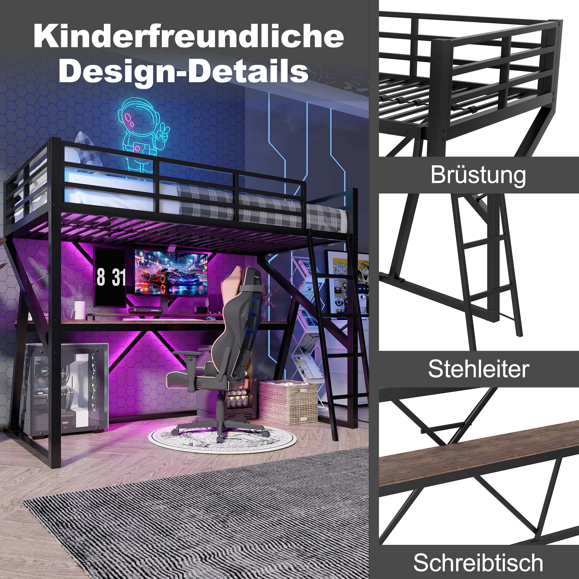 Loft Bed 90x200cm LED Strip Desk Iron Frame Black