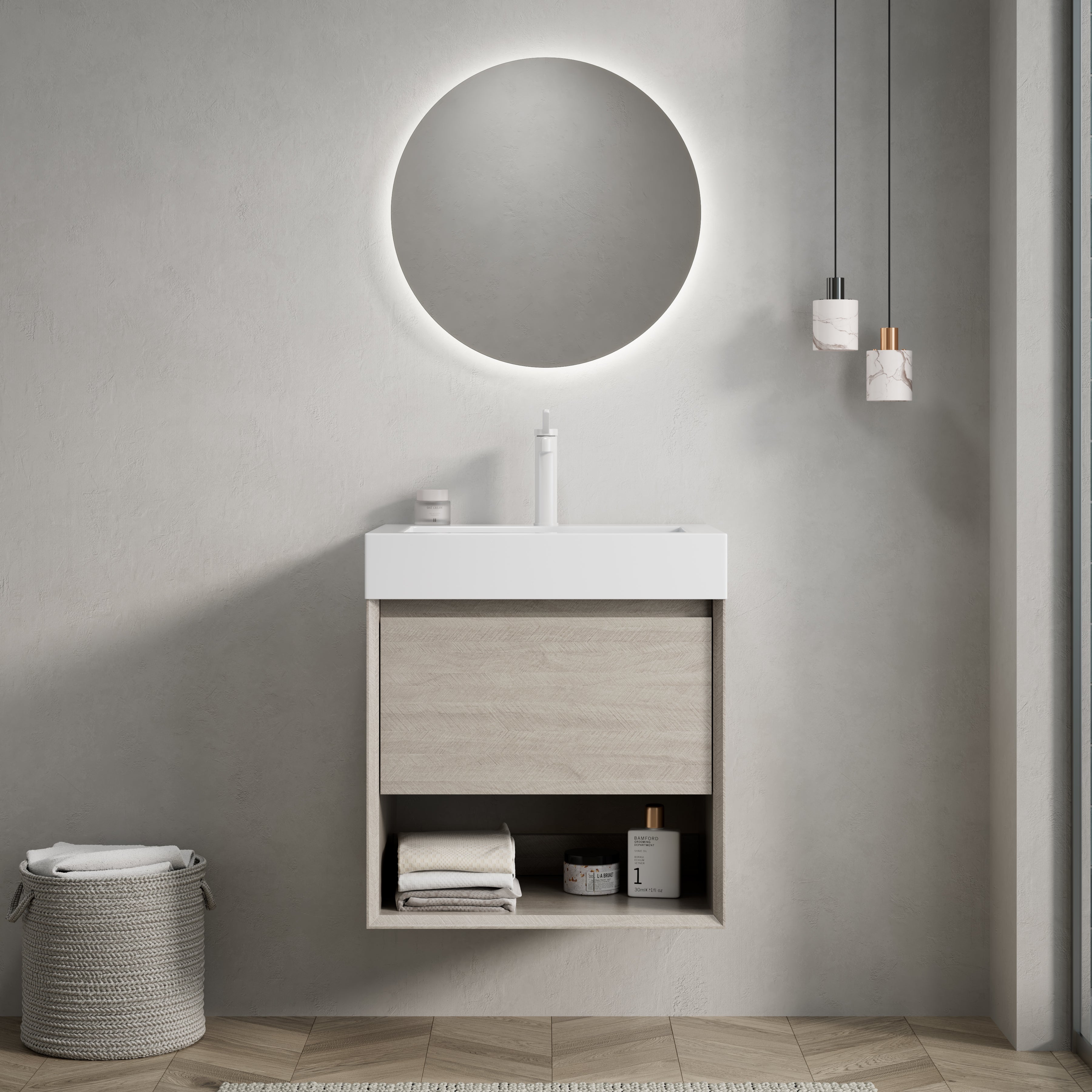 Bathroom Vanity Unit with Resin Basin and Storage, Light Oak Wood Grain