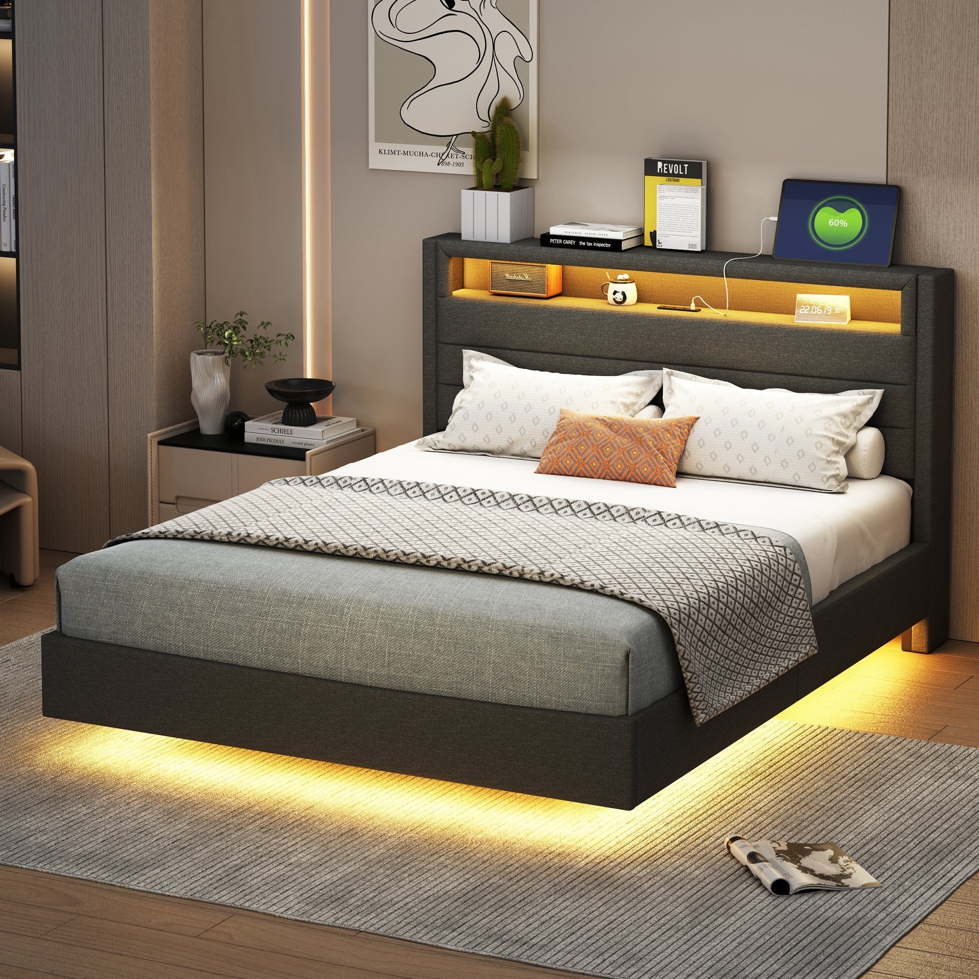 Upholstered Bed 140x200cm, USB & LED, Reversible Headboard, Linen Fabric Grey