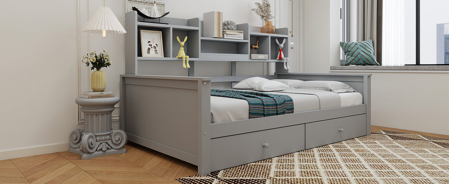 Single Sofa Bed 90x200 with Drawers, Shelves and Slatted Frame, Solid Wood Grey
