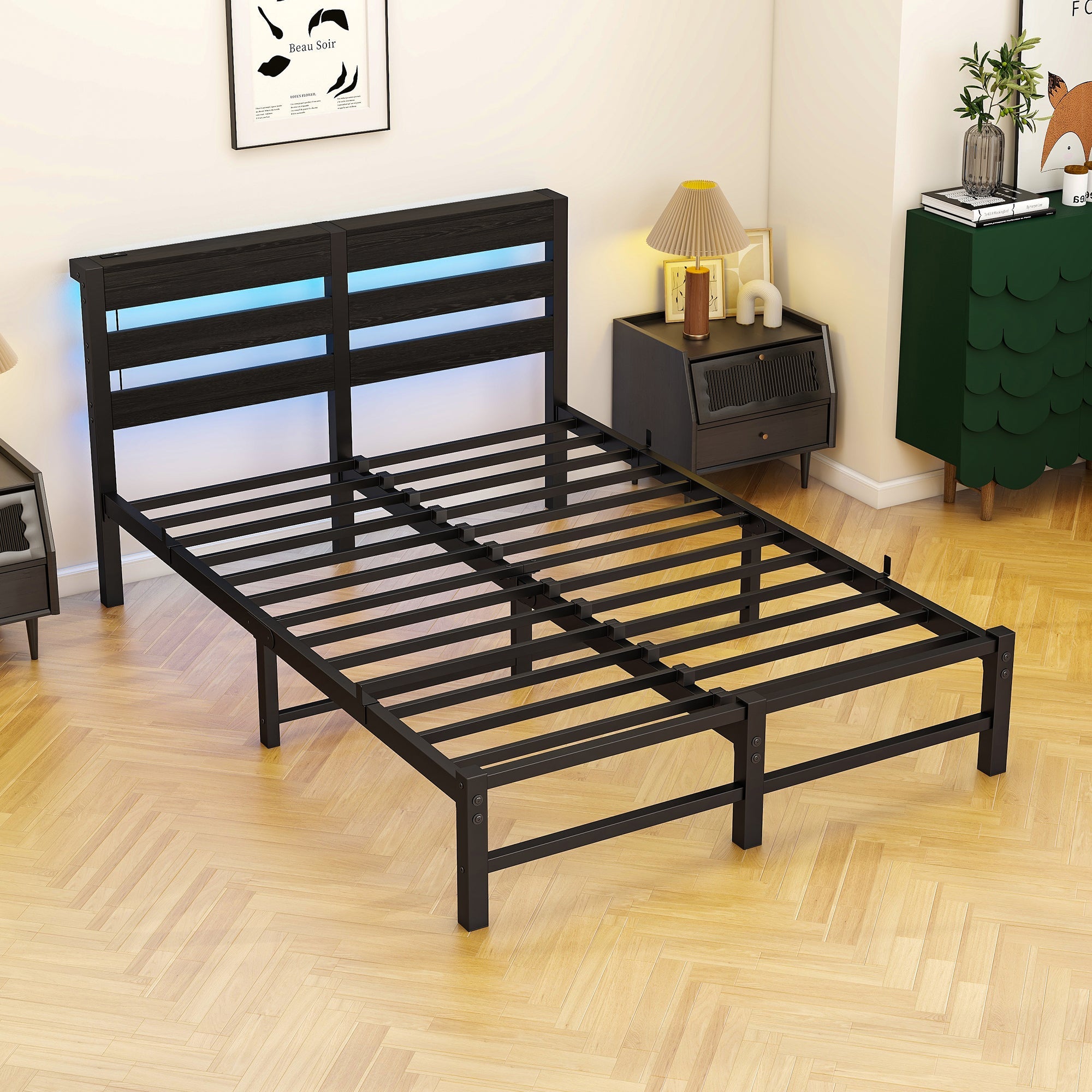 Metal Bed 120x200 LED USB Charging Under-Bed Storage - Metal