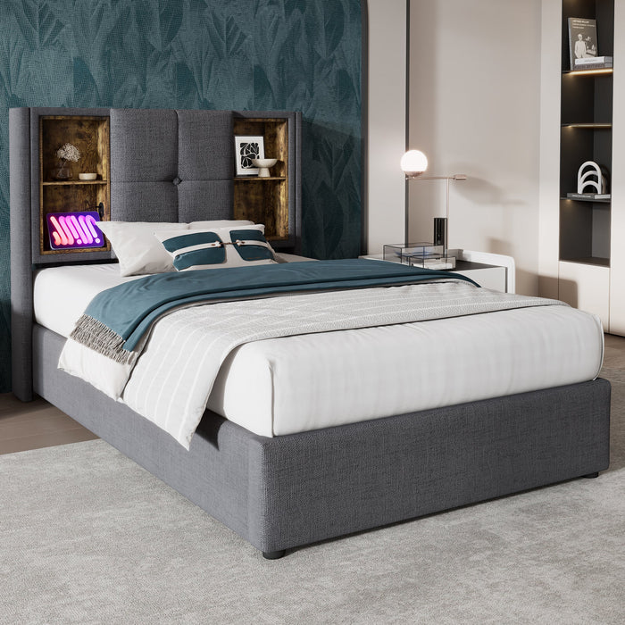 Single Bed with Wireless Charging & Storage, 90x200cm, Grey Cotton