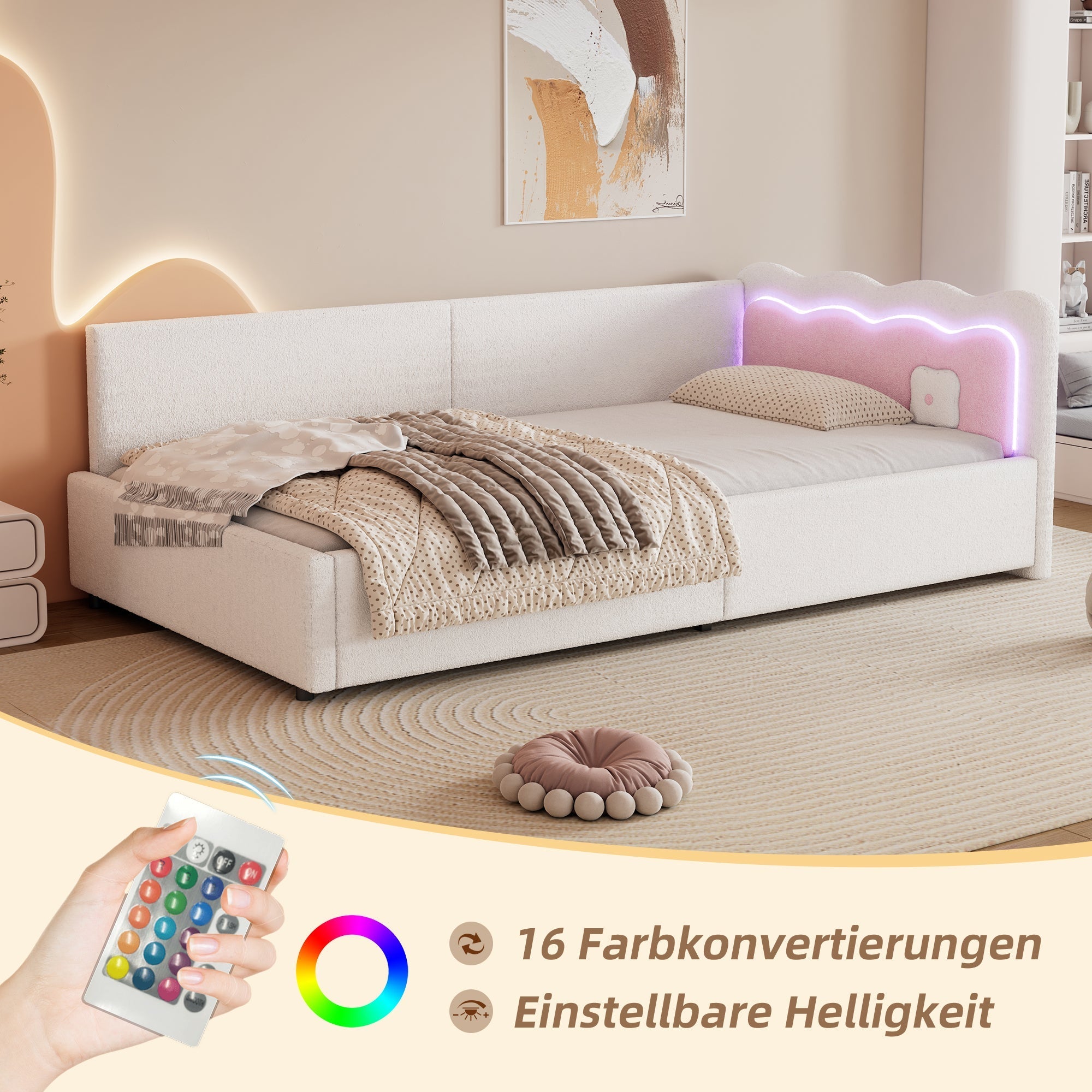 Daybed Sofa Bed 90x200cm LED Remote Control - White Imitation Fleece