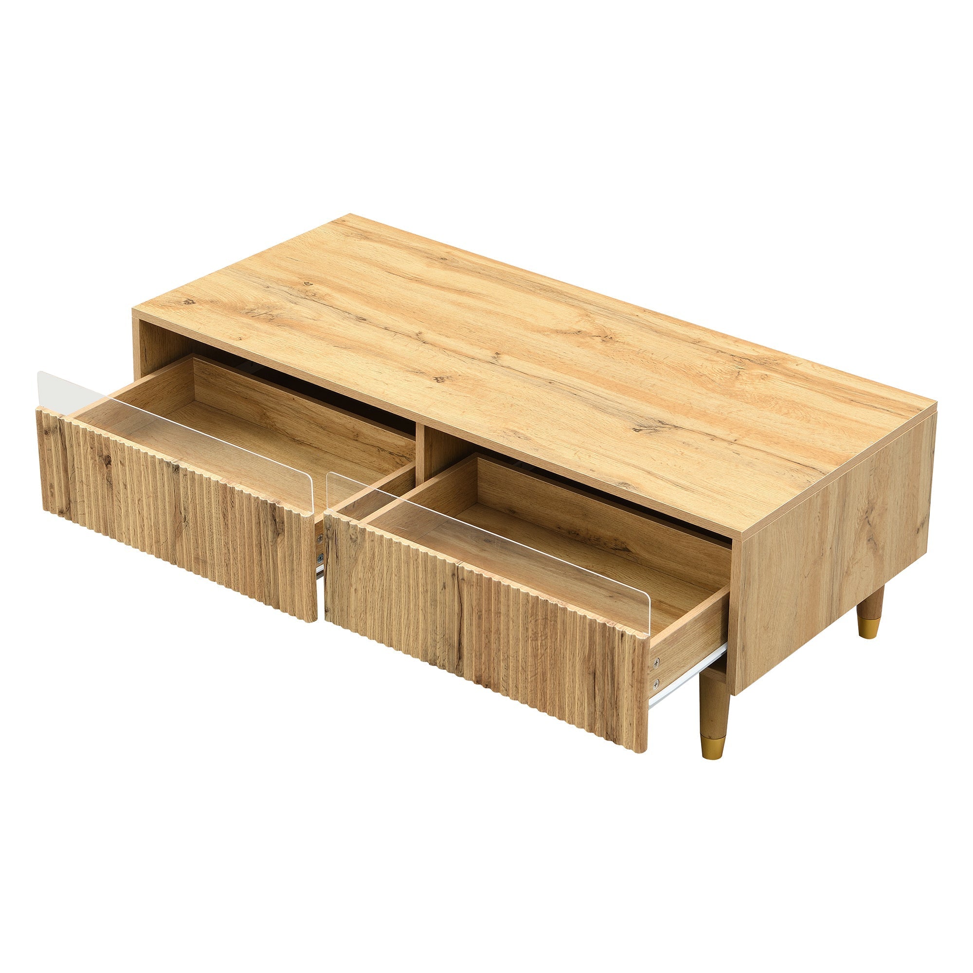 LED coffee table with wavy drawer top, two drawers, gold-wood