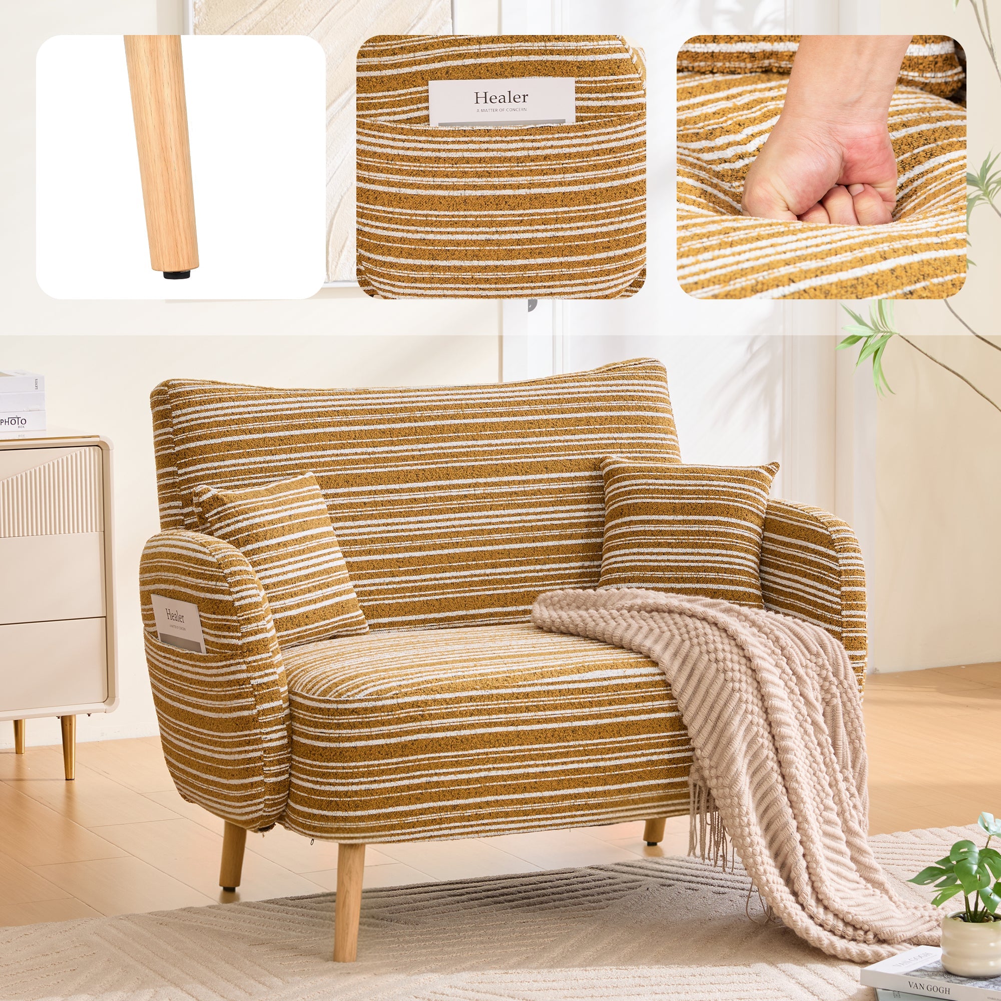 Modern Two-Seater Sofa with Armrest Cushions and Storage Bag, Loop Fabric