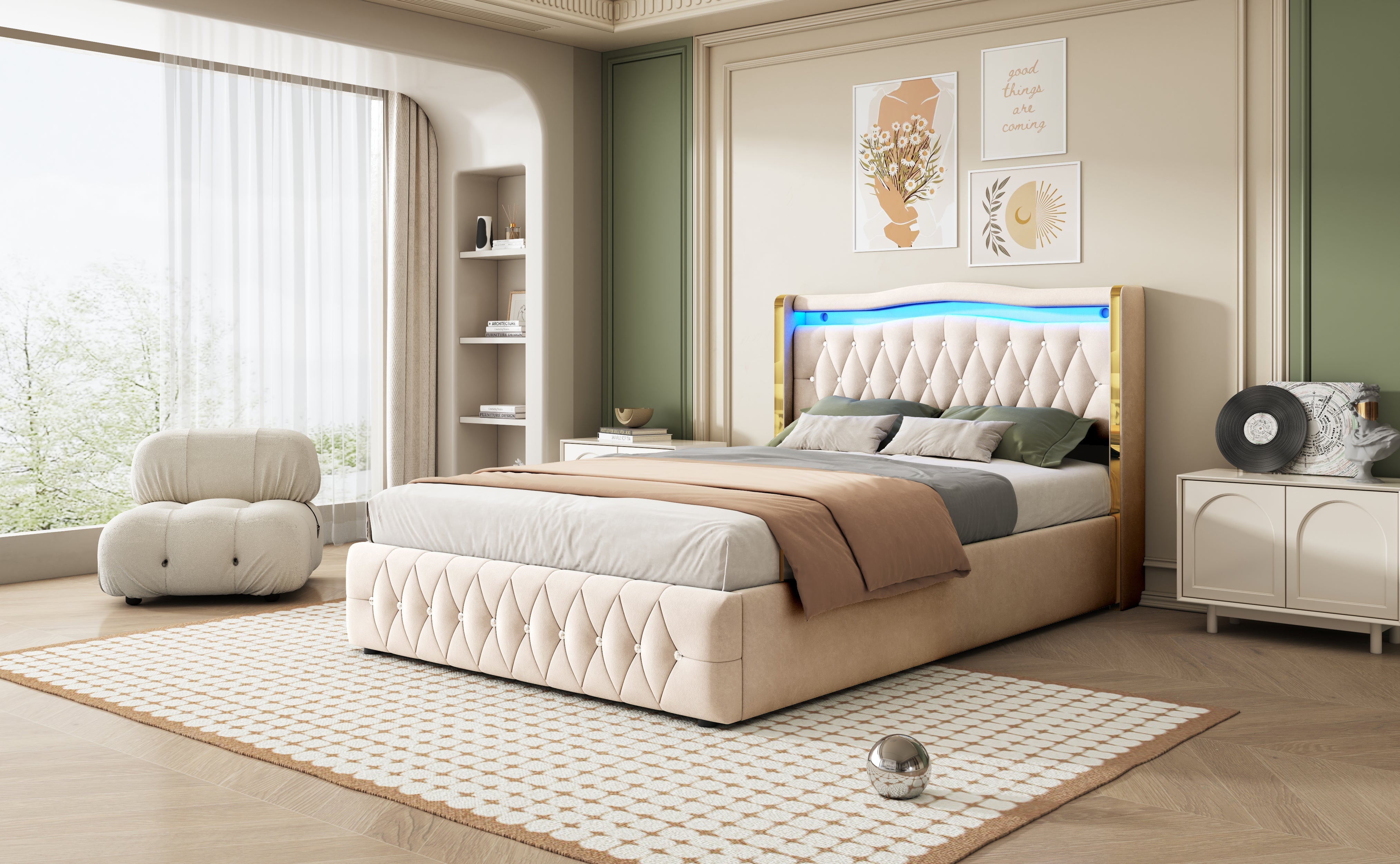 Upholstered Bed, 140x200cm, LED, Hydraulic Storage, Velvet Fabric, Beige