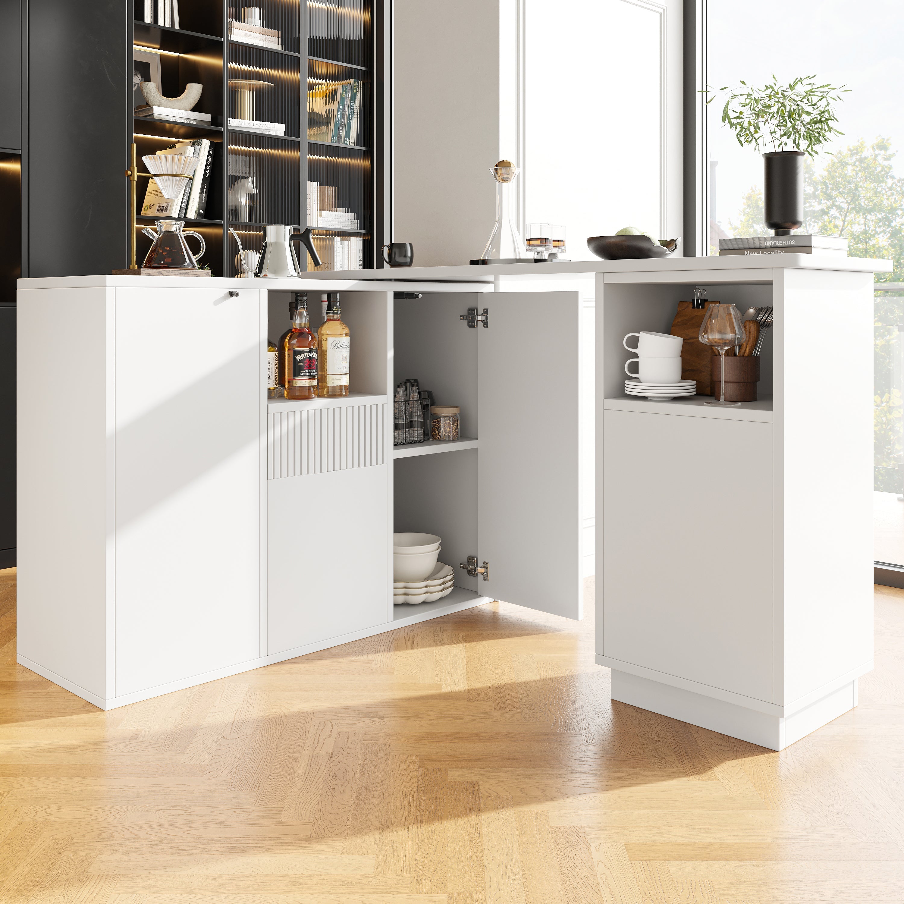 Bar Table, 360° Rotating Multifunctional Storage with Open Space, White Marble Top