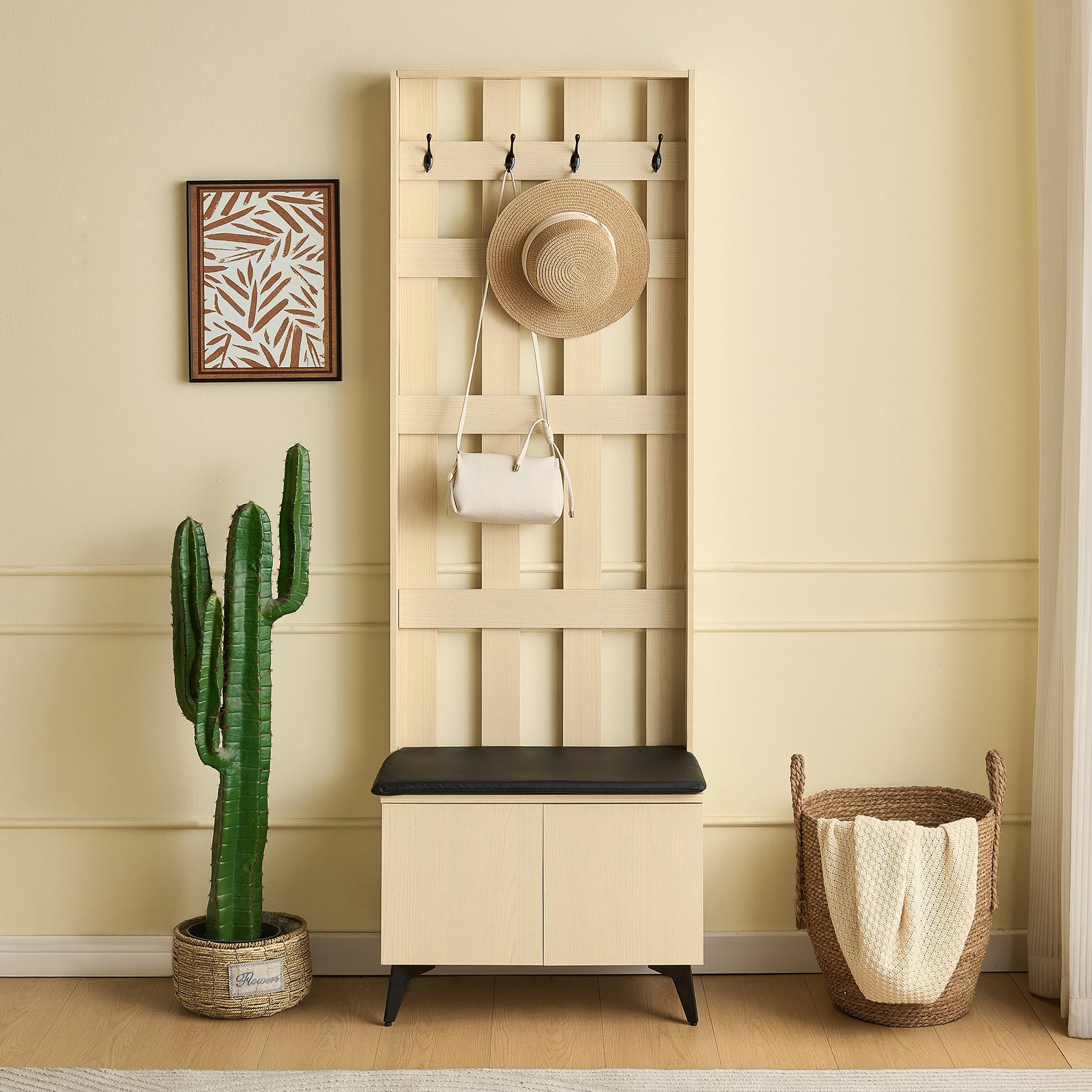 Modern Wardrobe with Bench and 4 Hooks, Storage, Black Steel Legs