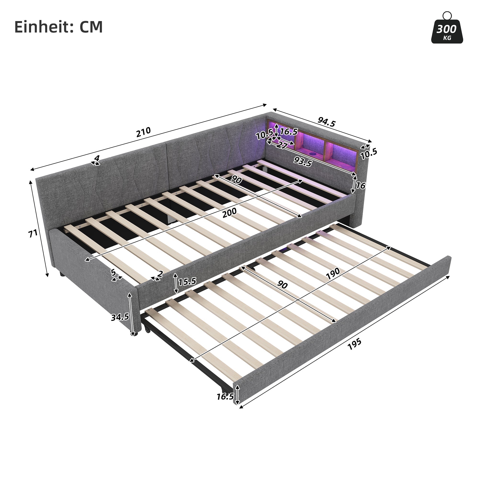 Daybed Sofa Bed 90x200cm Pull-out Bed Storage LED USB/Type-C - Linen Grey