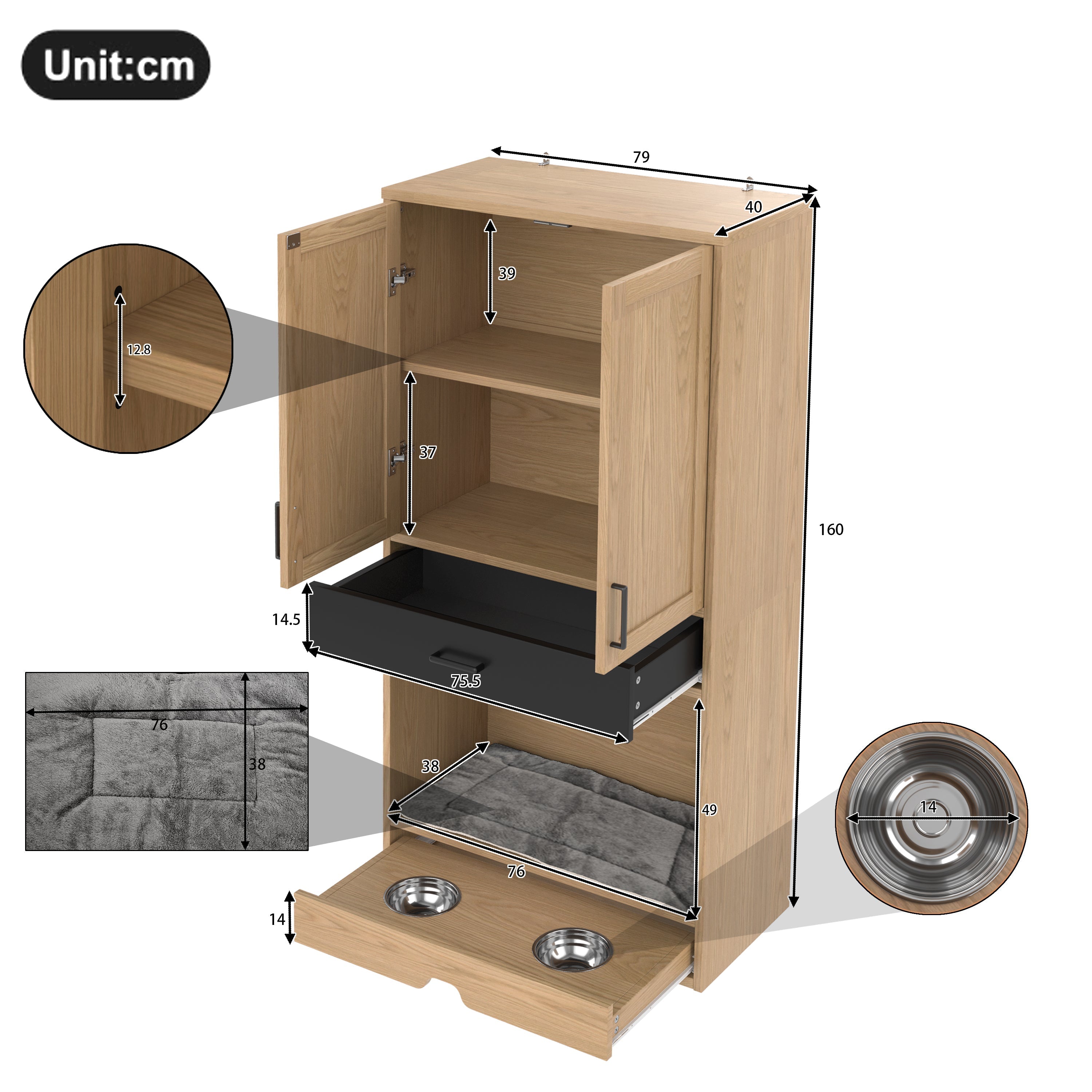 Pet Cabinet, Multifunctional with Feeding Station, Dog Bed, Storage, Hooks, Oak Look