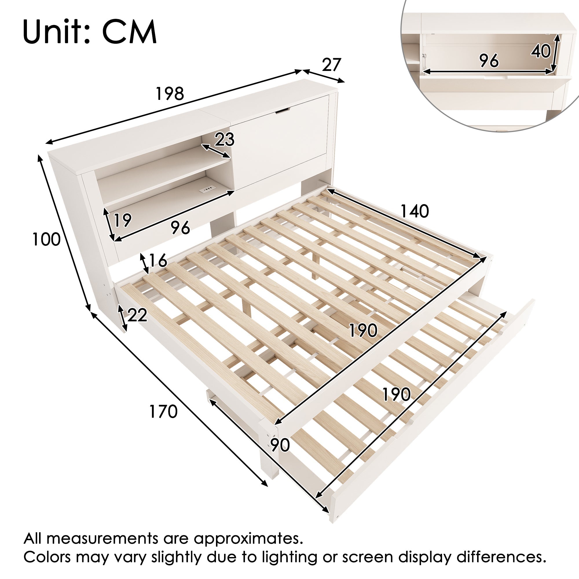 Sofa Bed Double Bed 140x190cm Pull-out Bed 90x190cm Storage USB/Type-C White
