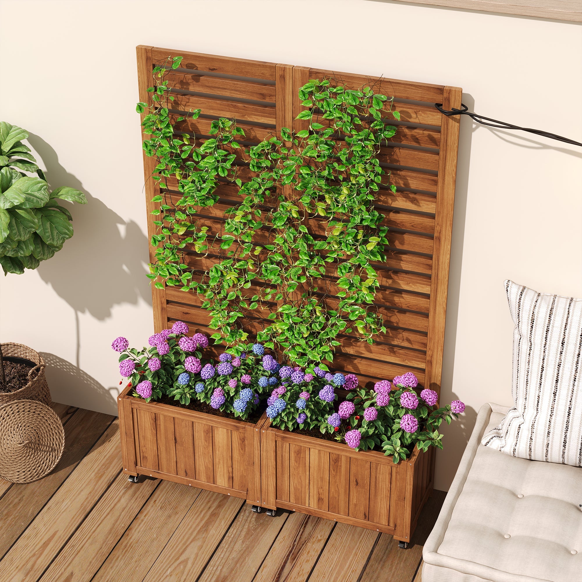 Planter Box with Trellis & Folding Wheels - Brown Solid Wood