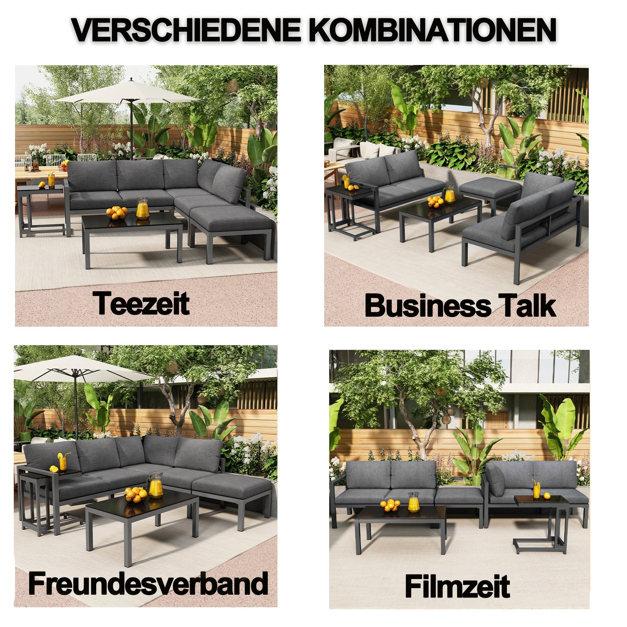 Garden Lounge Set Corner Chairs 4-5 Seater Side & Coffee Table 5-Piece - Grey