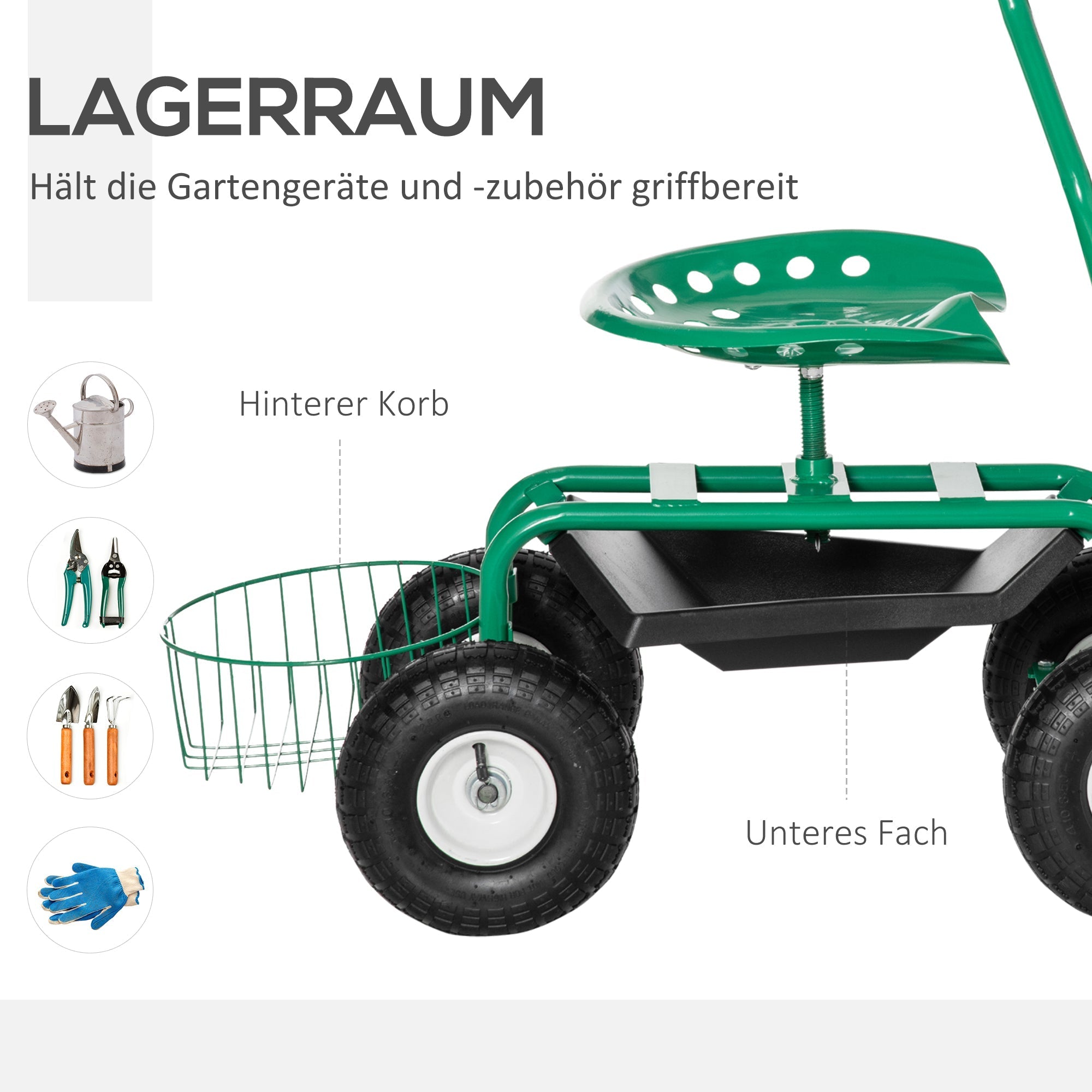 Garden/Workshop Trolley Seat Swivel Adjustable Height Storage Basket 150kg Capacity, Green