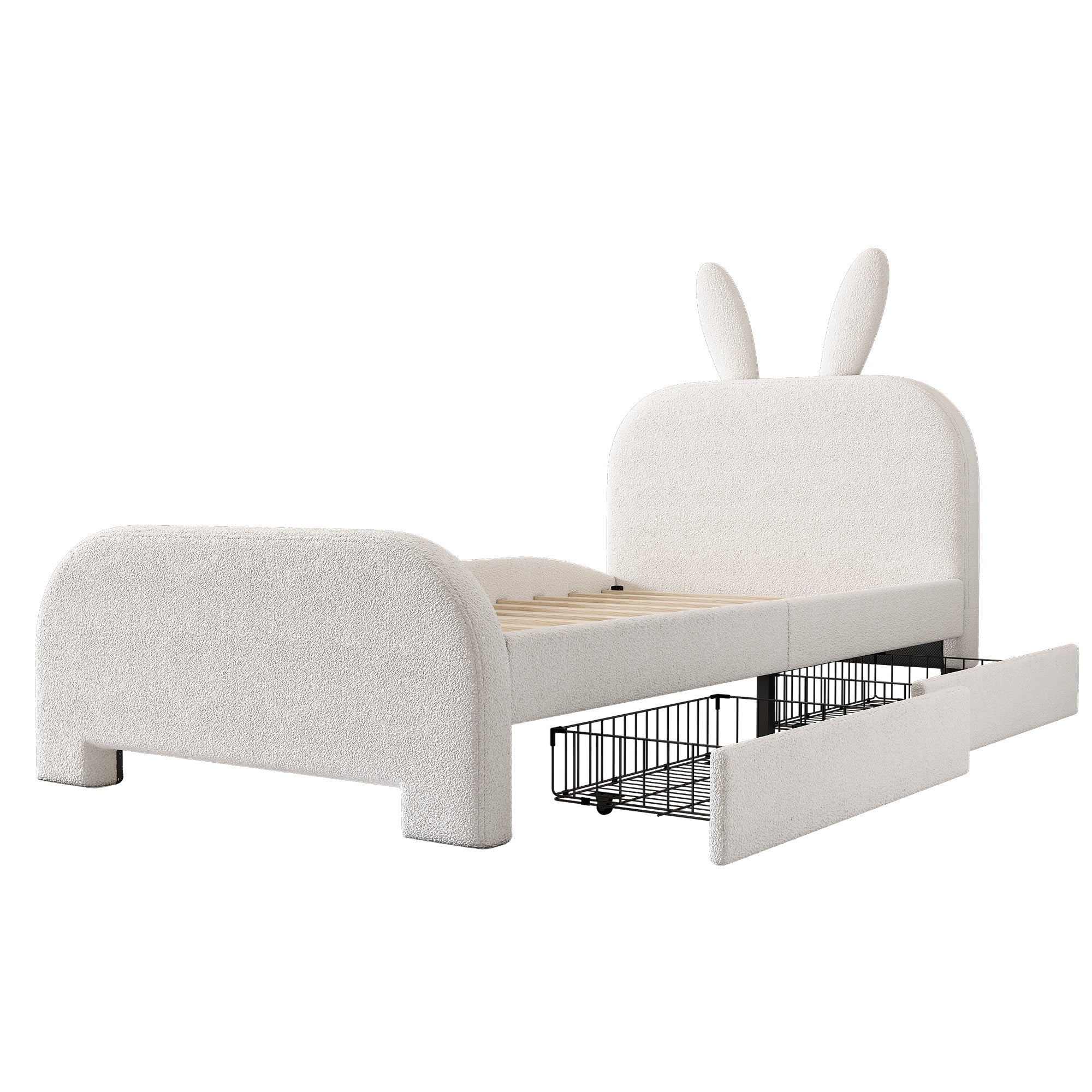 Flat Bed 90x200cm Padded Rabbit Shape 2 Drawers - White
