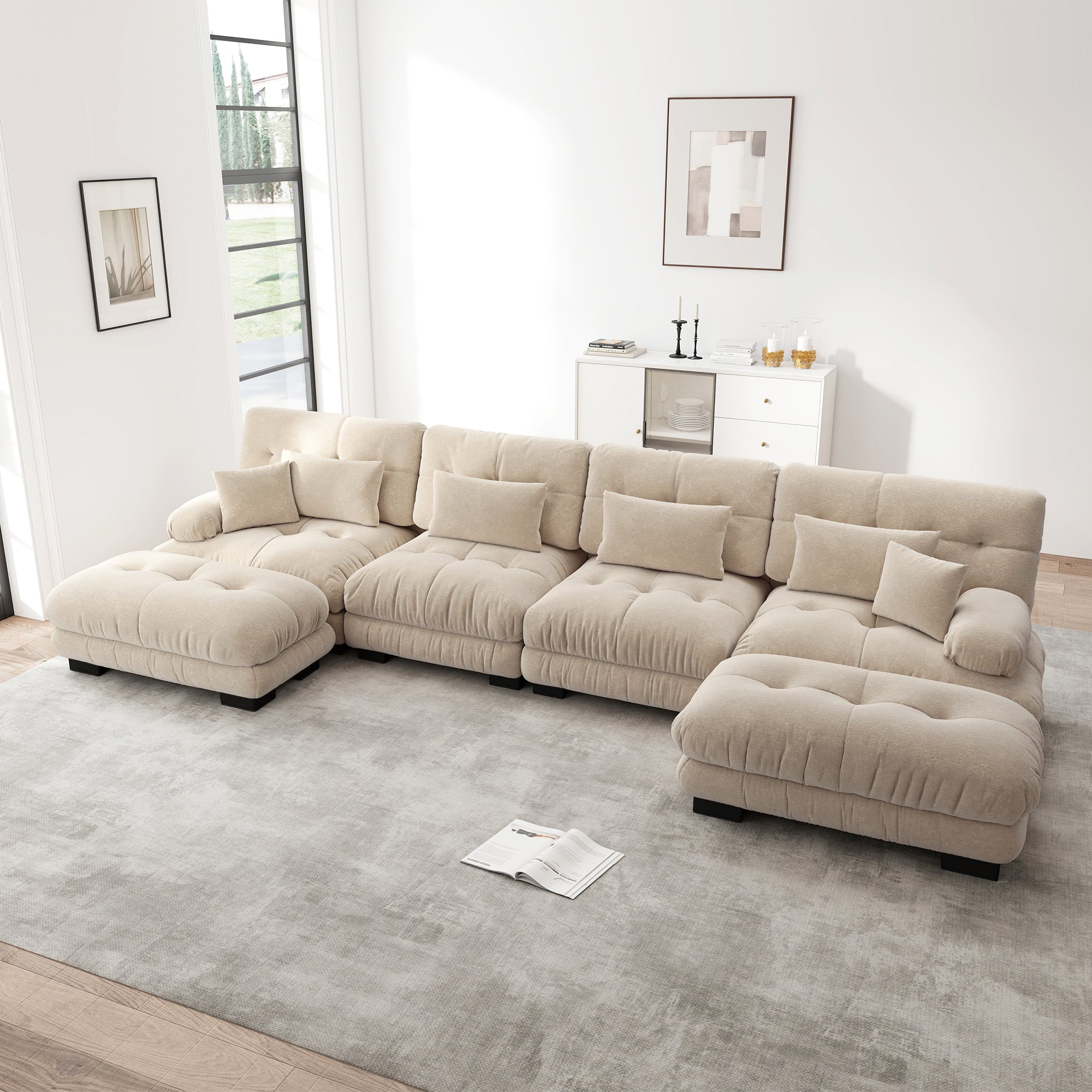 Modular Corner Sofa, U-Shaped 4-Seater with Movable Ottoman, DIY Combination, Chenille Light Brown
