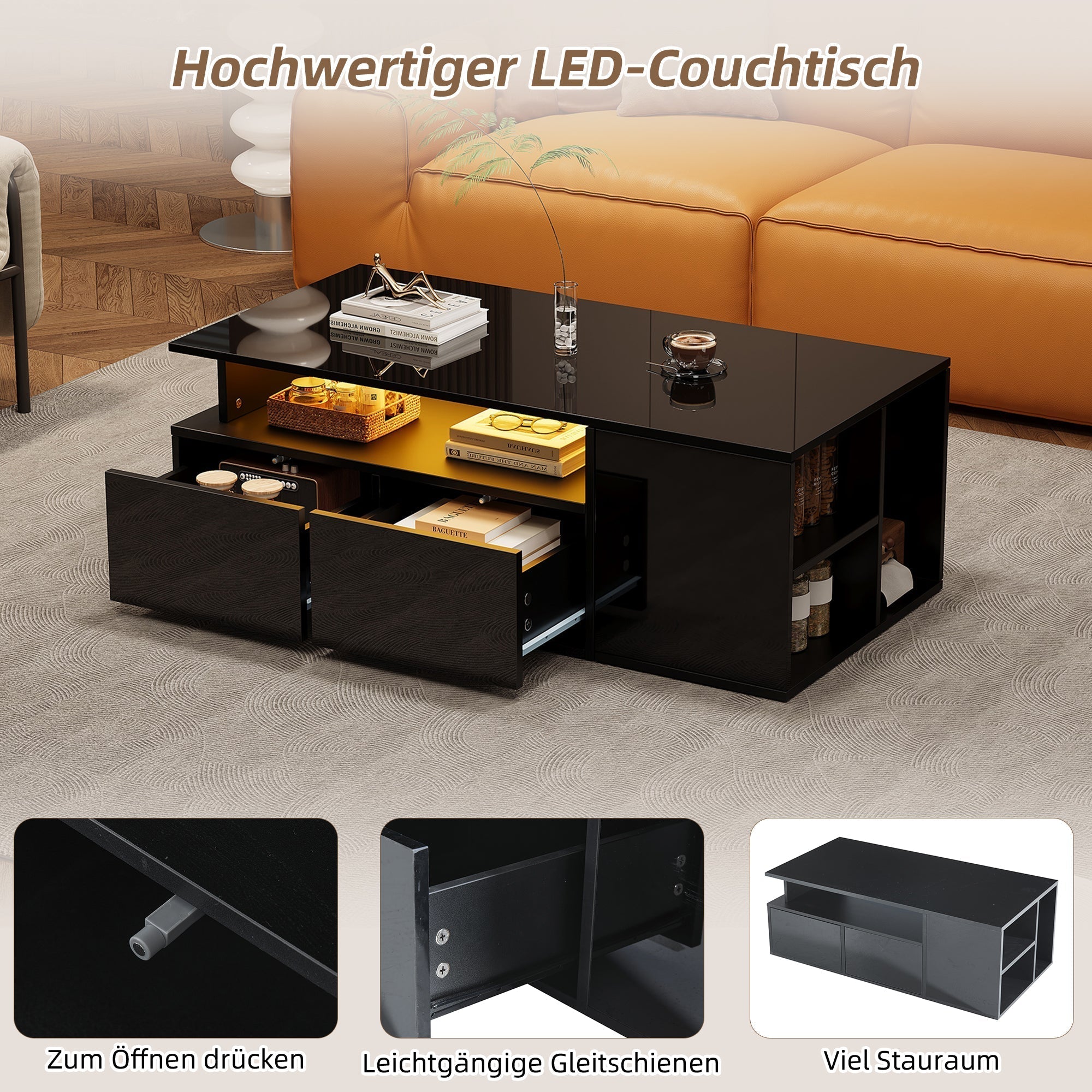 Coffee Table 100x50x35cm LED Lighting 2 Drawers 60kg Black