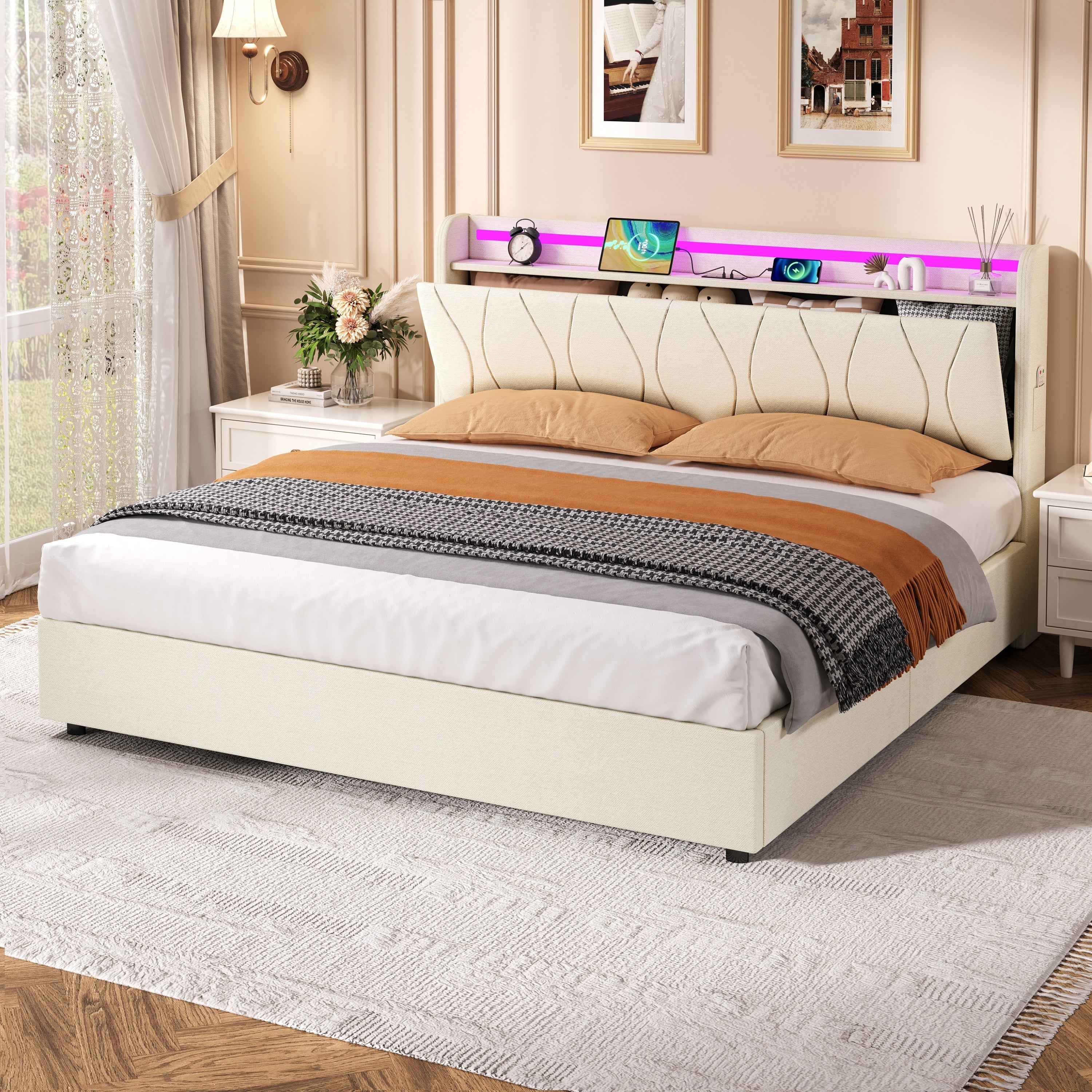 5ft King Upholstered Bed Frame, Hydraulic Storage LED Headboard with Charging Station, Beige Linen