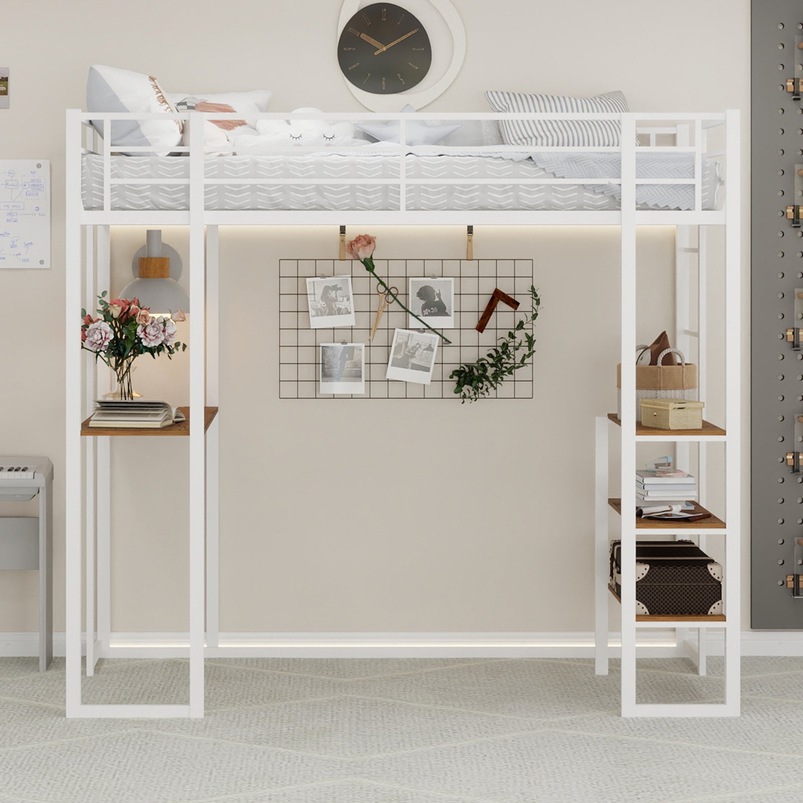 Iron Frame Bed, L-Shaped Desk, Railing, Stairs, Metal
