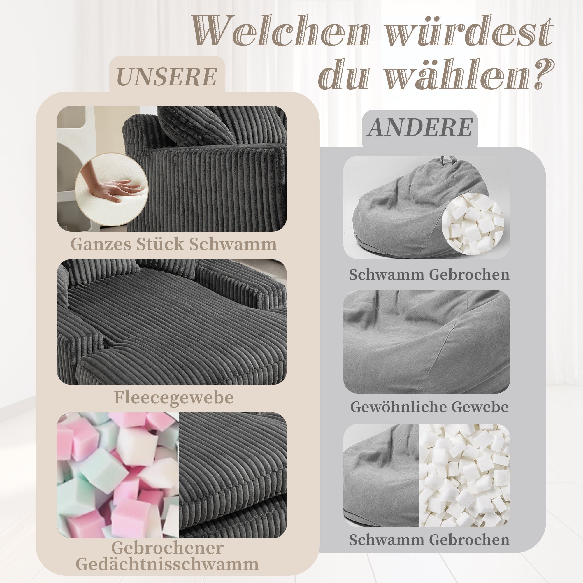 Sofa Bed, Cloud Couch with 3 Soft Pillows, Single Seat, Dark Grey Corduroy