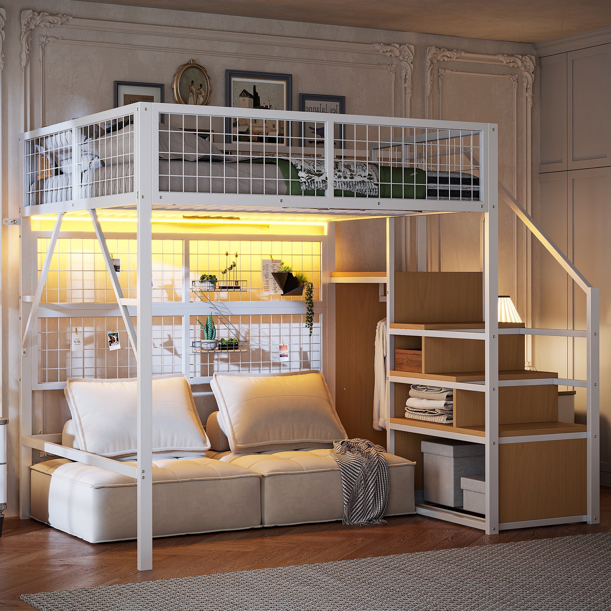 Loft Bed, 140x200 with LED Light Strips & Storage Stairs, Metal White