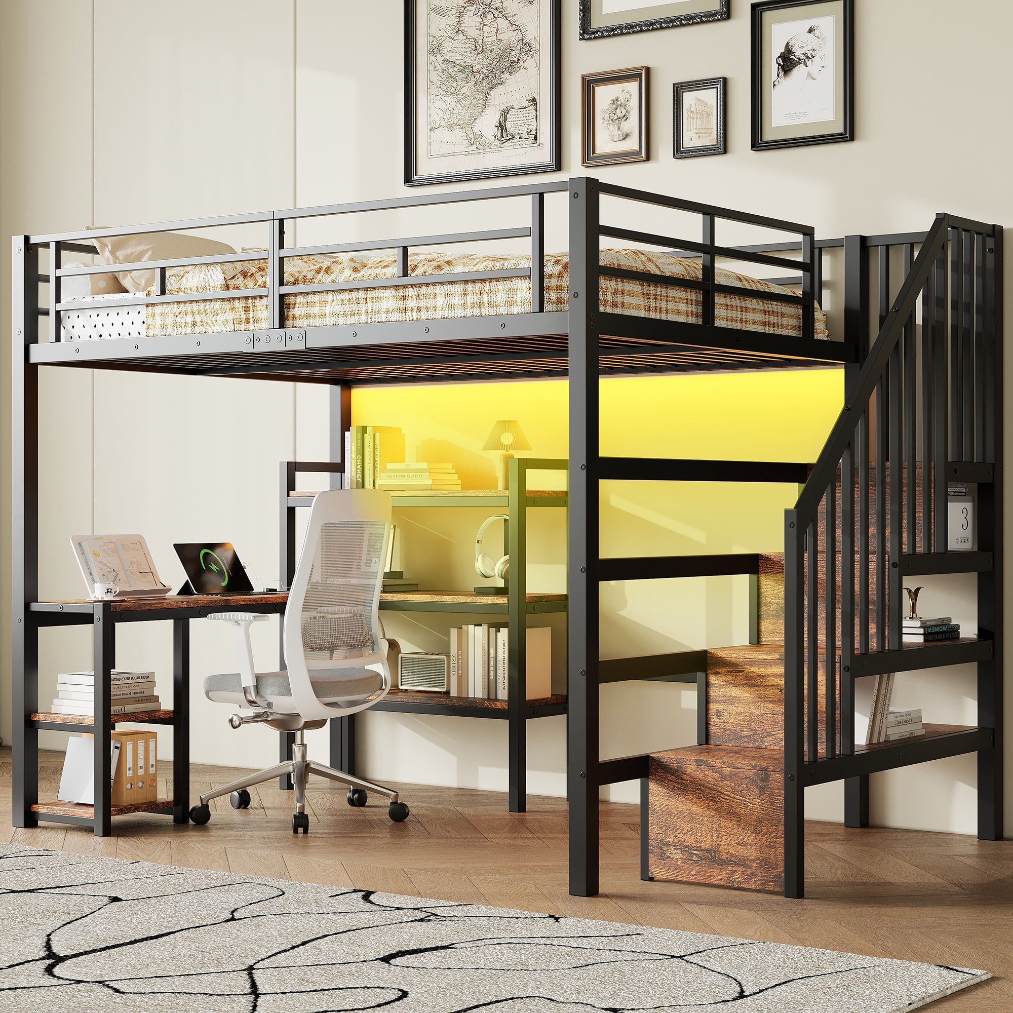 Metal Loft Bed with Desk, Stairs, Storage and LED, 140x200cm, Black